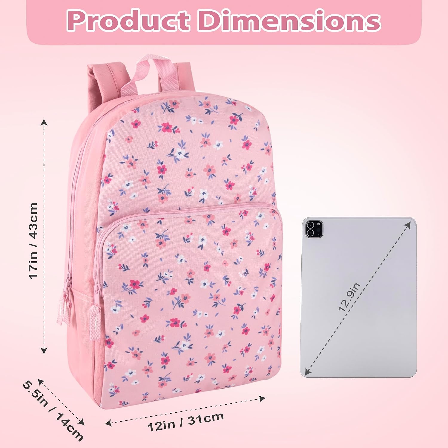 Trail maker Fun School Backpack for Elementary Middle School Girls and Boys | 17 Inch Printed Backpacks for School Kids, Travel (Sweet Strawberries)(Pretty Pink Flowers)