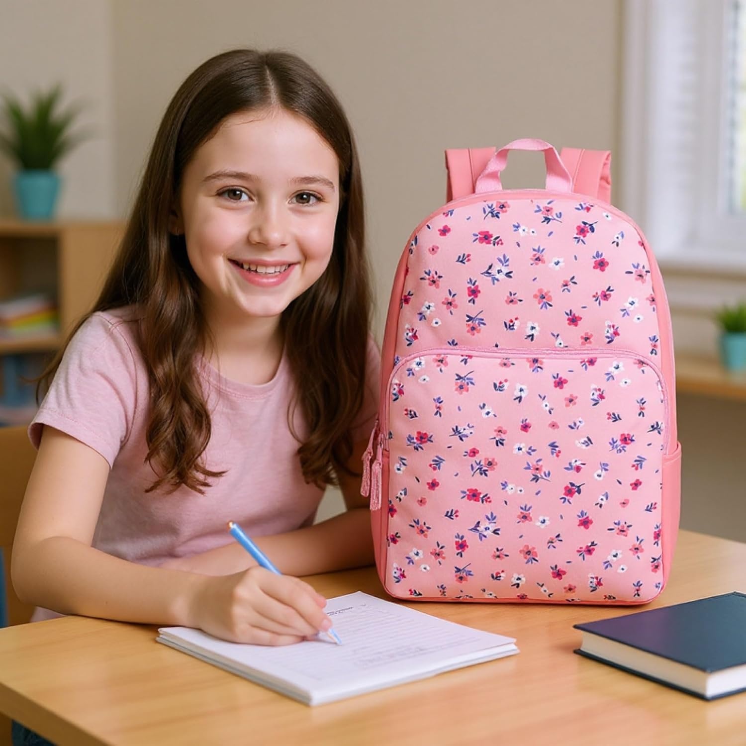 Trail maker Fun School Backpack for Elementary Middle School Girls and Boys | 17 Inch Printed Backpacks for School Kids, Travel (Sweet Strawberries)(Pretty Pink Flowers)