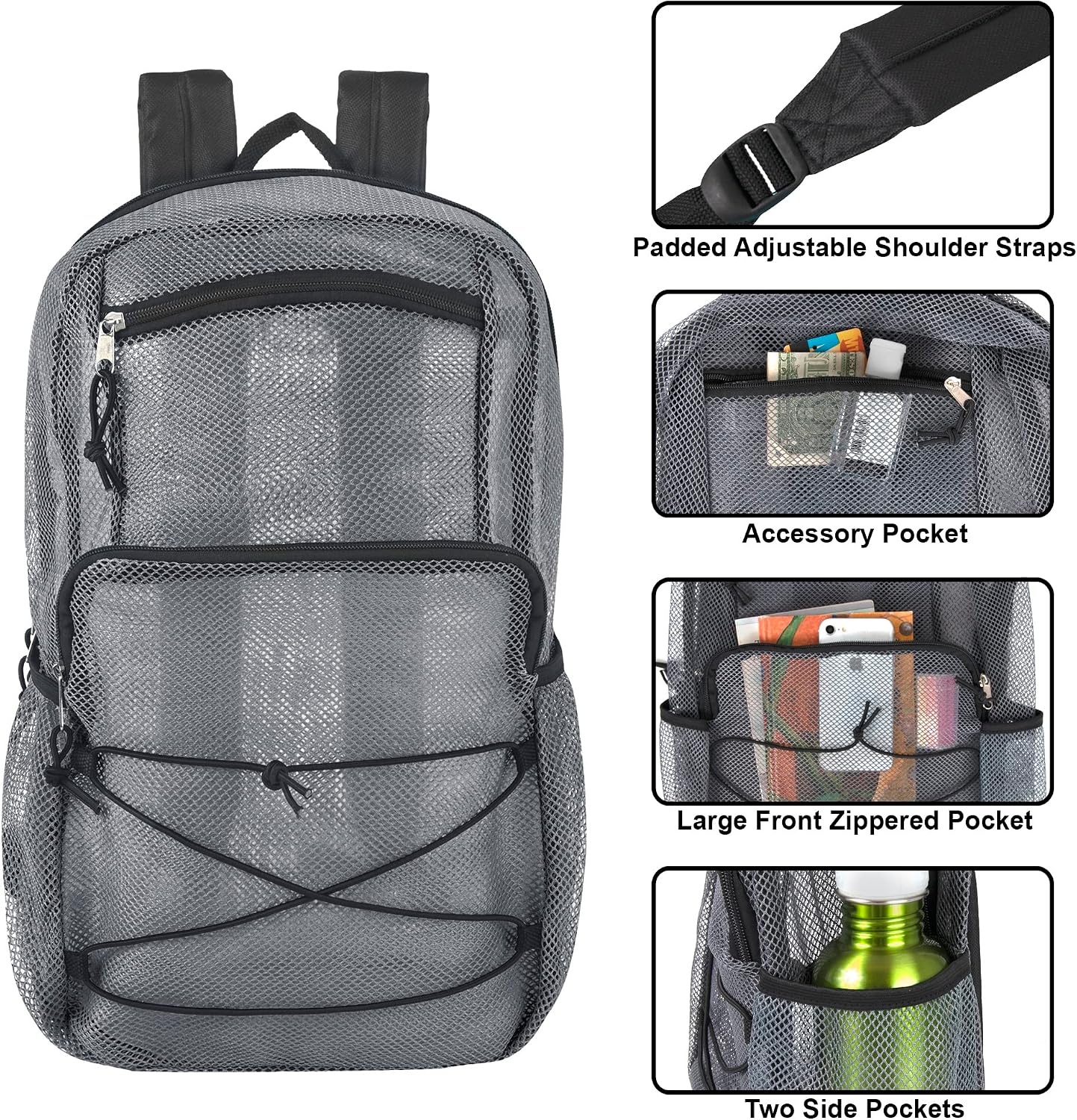 Trail maker Deluxe See Through Mesh Backpack with Bungee Cord & Adjustable Padded Straps for Swimming, Travel (Aqua)(Grey)