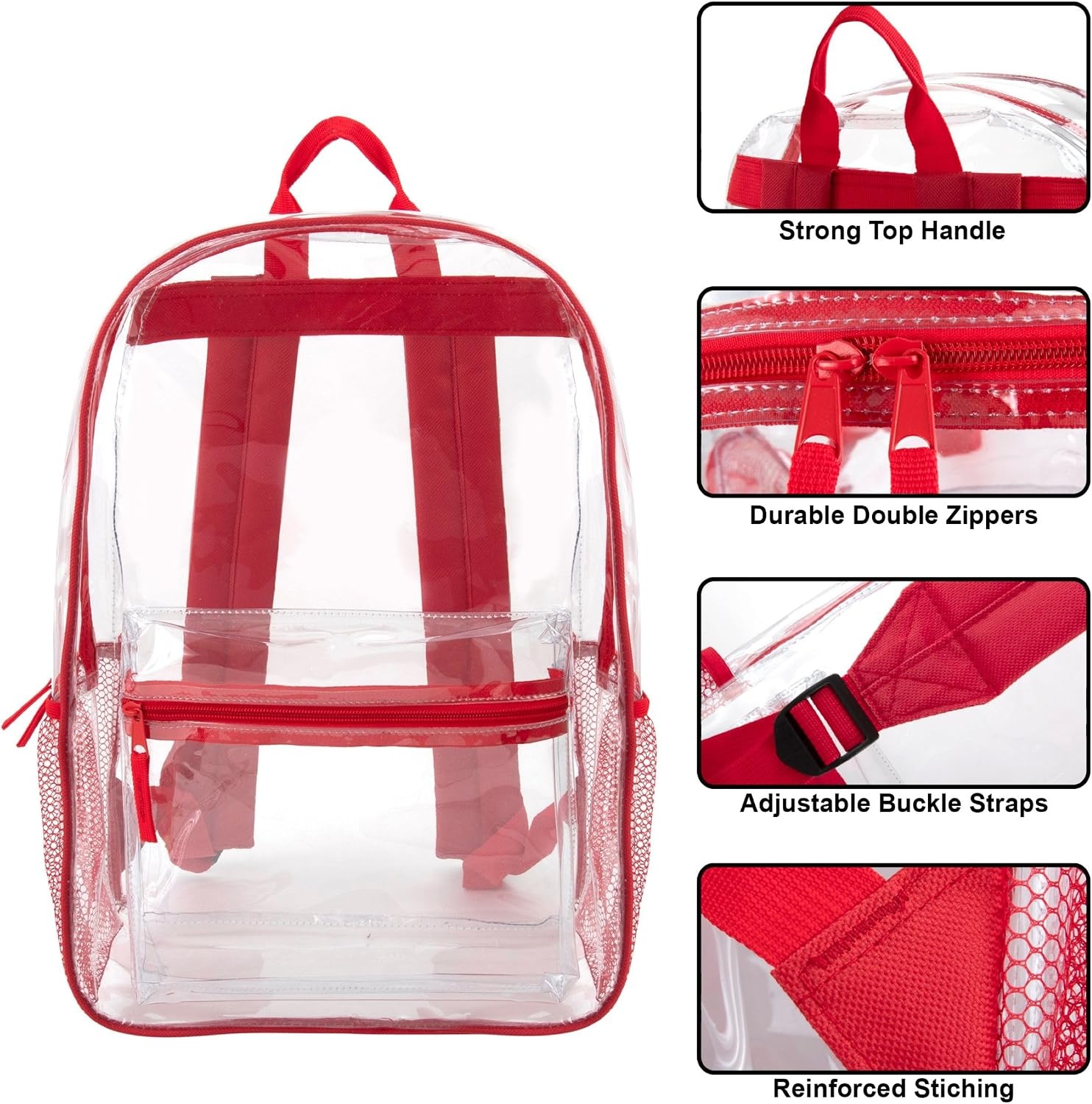Trail maker Clear Backpack Heavy Duty with Padded Straps, Side Pockets for Kids, Boys, Girls, School, Stadium Approved Events(Red)