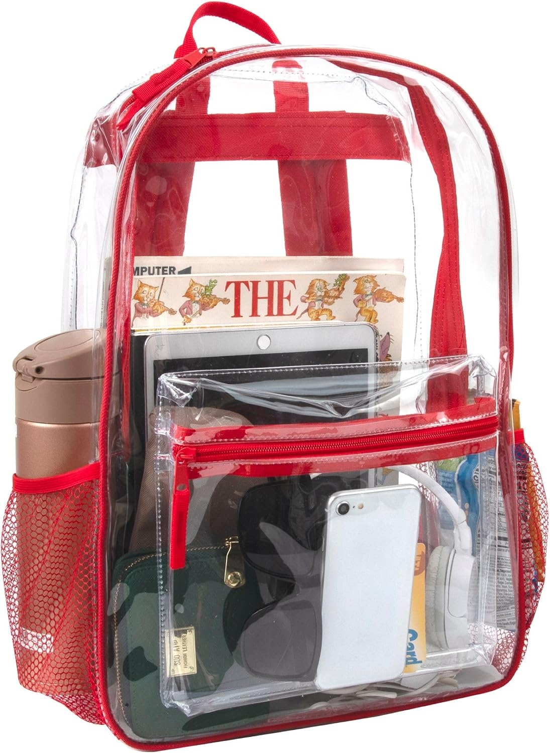 Trail maker Clear Backpack Heavy Duty with Padded Straps, Side Pockets for Kids, Boys, Girls, School, Stadium Approved Events(Red)