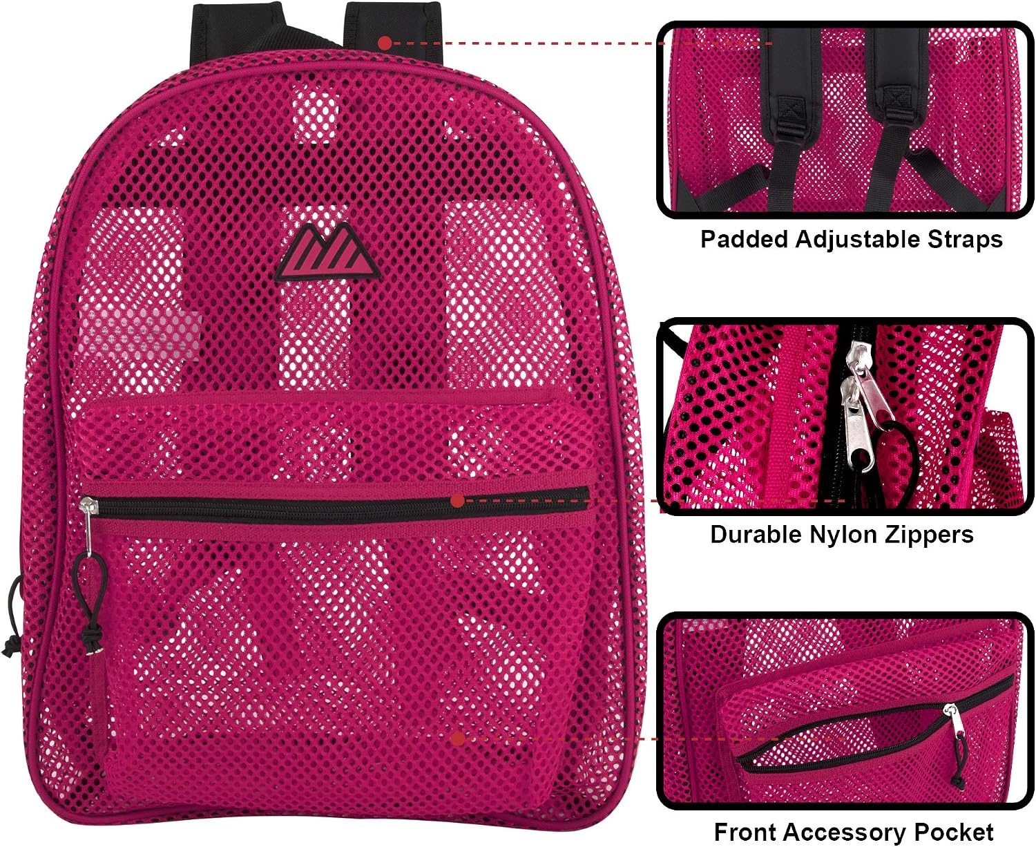 Summit Ridge Mesh Backpacks for Kids, Adults, School, Beach, and Travel, Colorful Transparent Mesh Backpacks with Padded Straps(Pink)