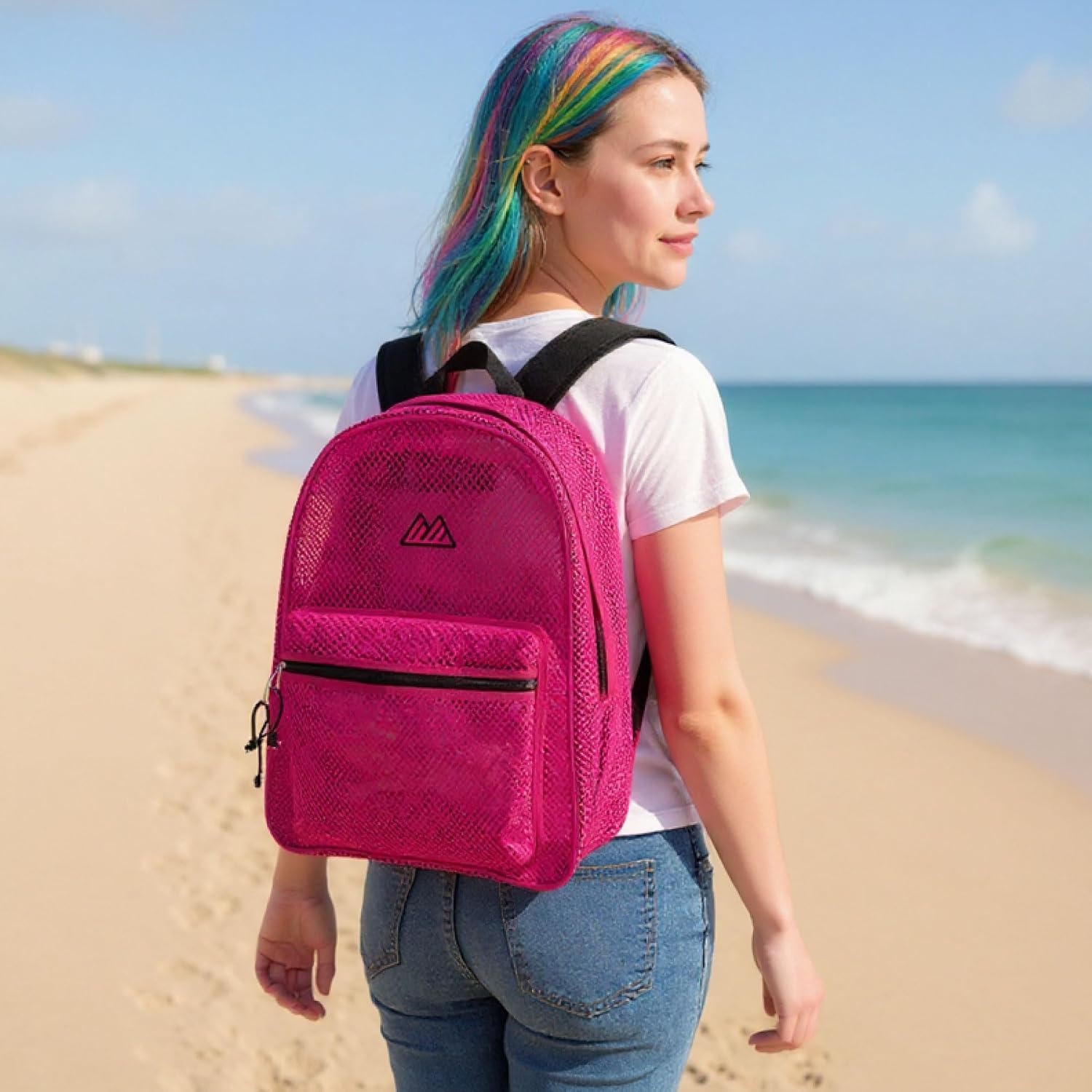 Summit Ridge Mesh Backpacks for Kids, Adults, School, Beach, and Travel, Colorful Transparent Mesh Backpacks with Padded Straps(Pink)