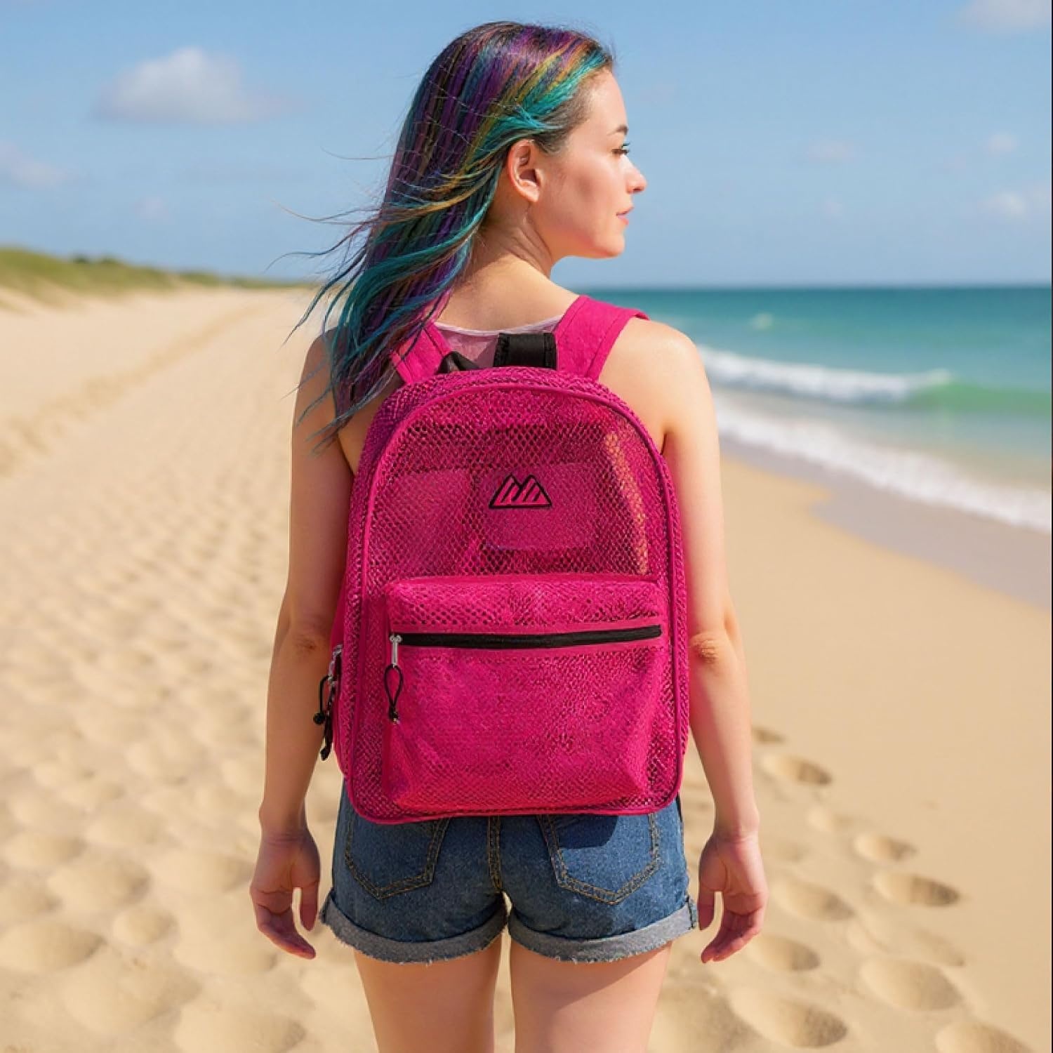 Summit Ridge Mesh Backpacks for Kids, Adults, School, Beach, and Travel, Colorful Transparent Mesh Backpacks with Padded Straps(Pink)
