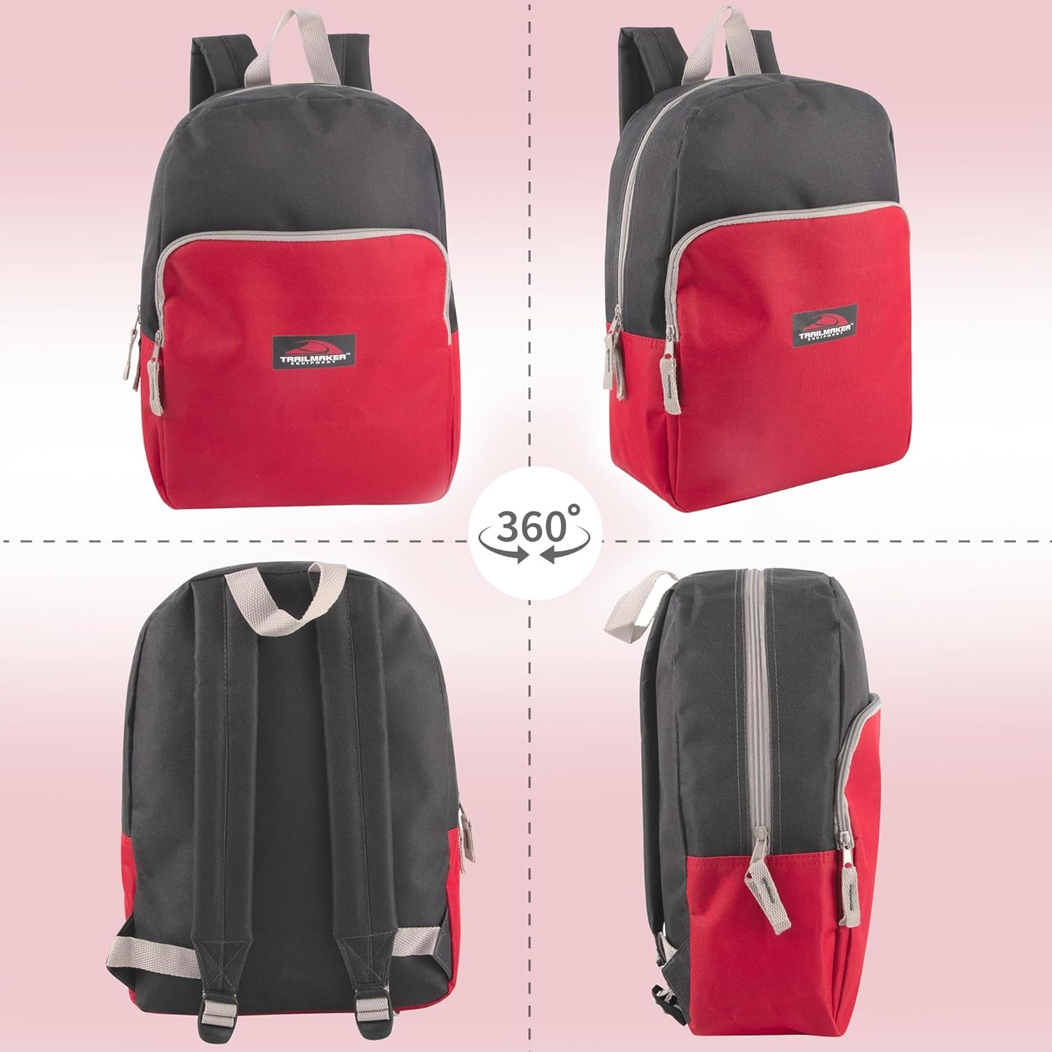 Trail maker 15 Inch Backpack for Girls, Preschool, Elementary & Middle School Students – Spacious Bookbag with Large Front Pocket, Adjustable Straps, Fits up to 13 Inch Laptop (Pink)(Red)