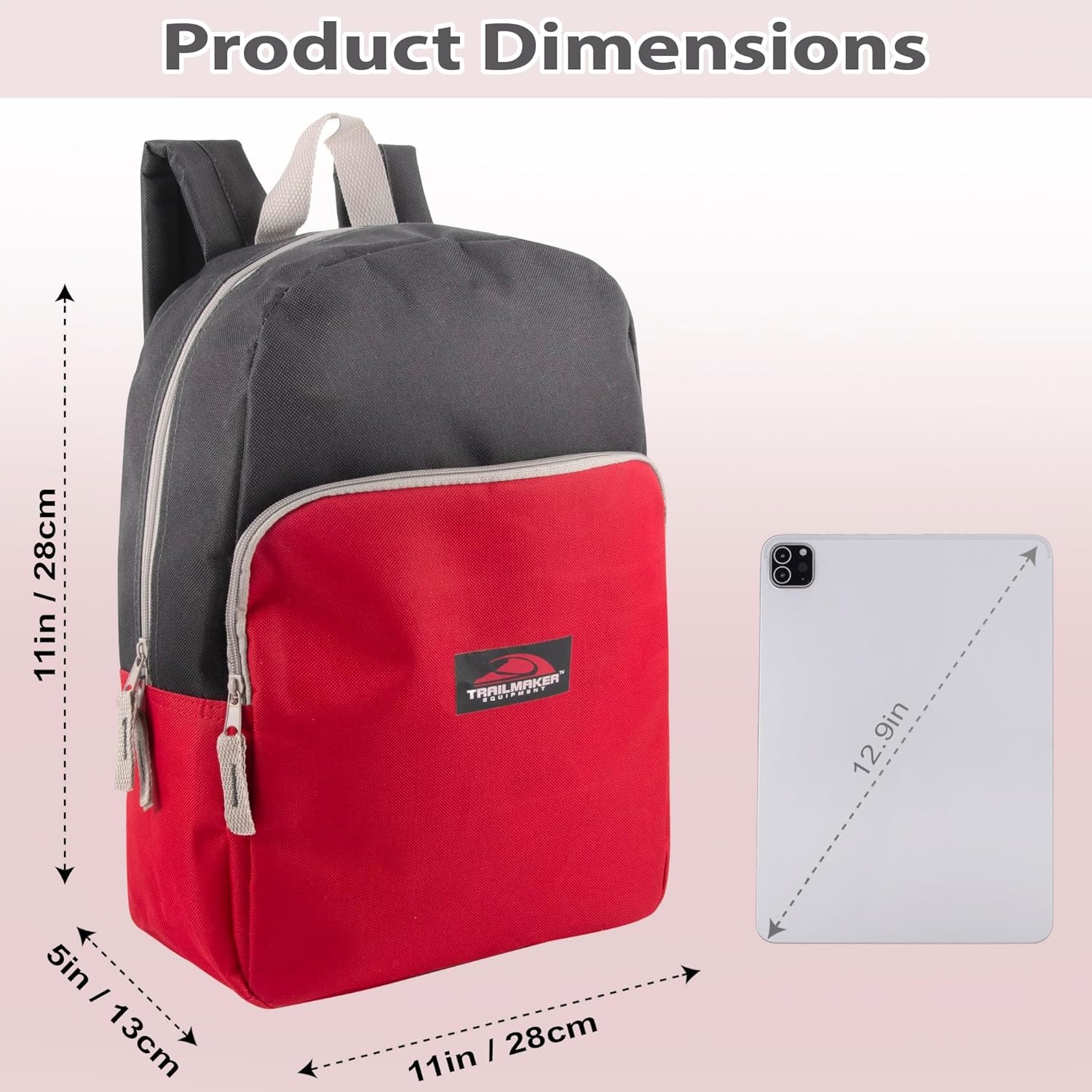 Trail maker 15 Inch Backpack for Girls, Preschool, Elementary & Middle School Students – Spacious Bookbag with Large Front Pocket, Adjustable Straps, Fits up to 13 Inch Laptop (Pink)(Red)
