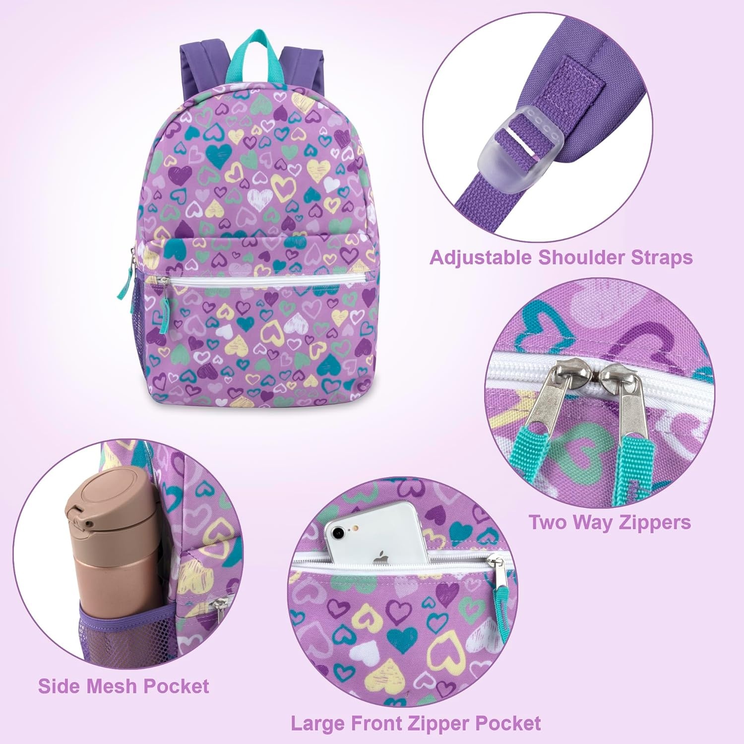 Trail maker 17 inch Backpack for Travel & Commute, Zippered Front & Mesh Side Pockets, Padded Straps(Festive Hearts)