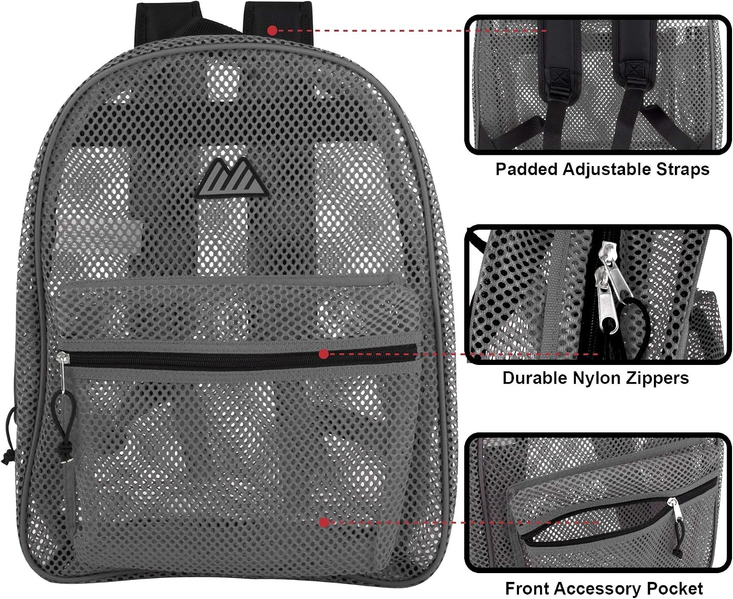 Summit Ridge Mesh Backpacks for Kids, Adults, School, Beach, and Travel, Colorful Transparent Mesh Backpacks with Padded Straps(Grey)