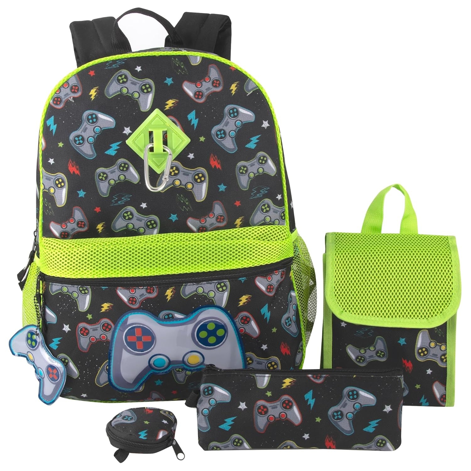Trail maker 16.5 Inch Boys School Backpack 6 in 1 Set with Lunch Bag, Pencil Case, Tech Pouch, Keychain, Carabiner Clip Attached (Ready Player) for Travel, Commute(Ready Player)