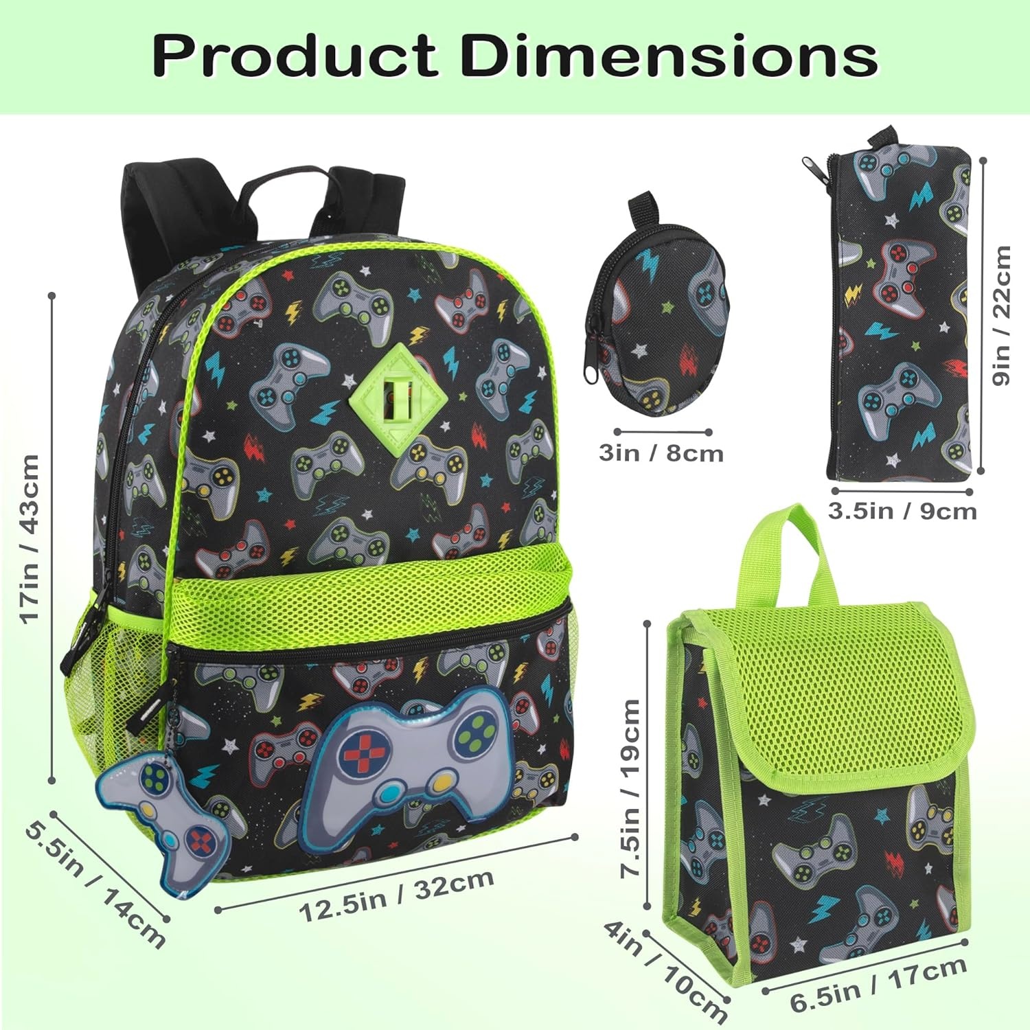 Trail maker 16.5 Inch Boys School Backpack 6 in 1 Set with Lunch Bag, Pencil Case, Tech Pouch, Keychain, Carabiner Clip Attached (Ready Player) for Travel, Commute(Ready Player)