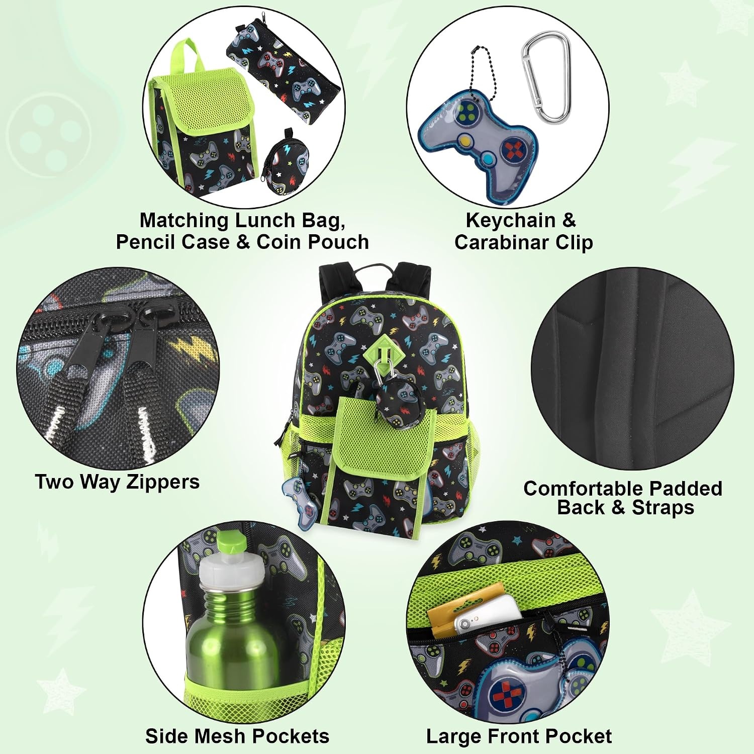 Trail maker 16.5 Inch Boys School Backpack 6 in 1 Set with Lunch Bag, Pencil Case, Tech Pouch, Keychain, Carabiner Clip Attached (Ready Player) for Travel, Commute(Ready Player)