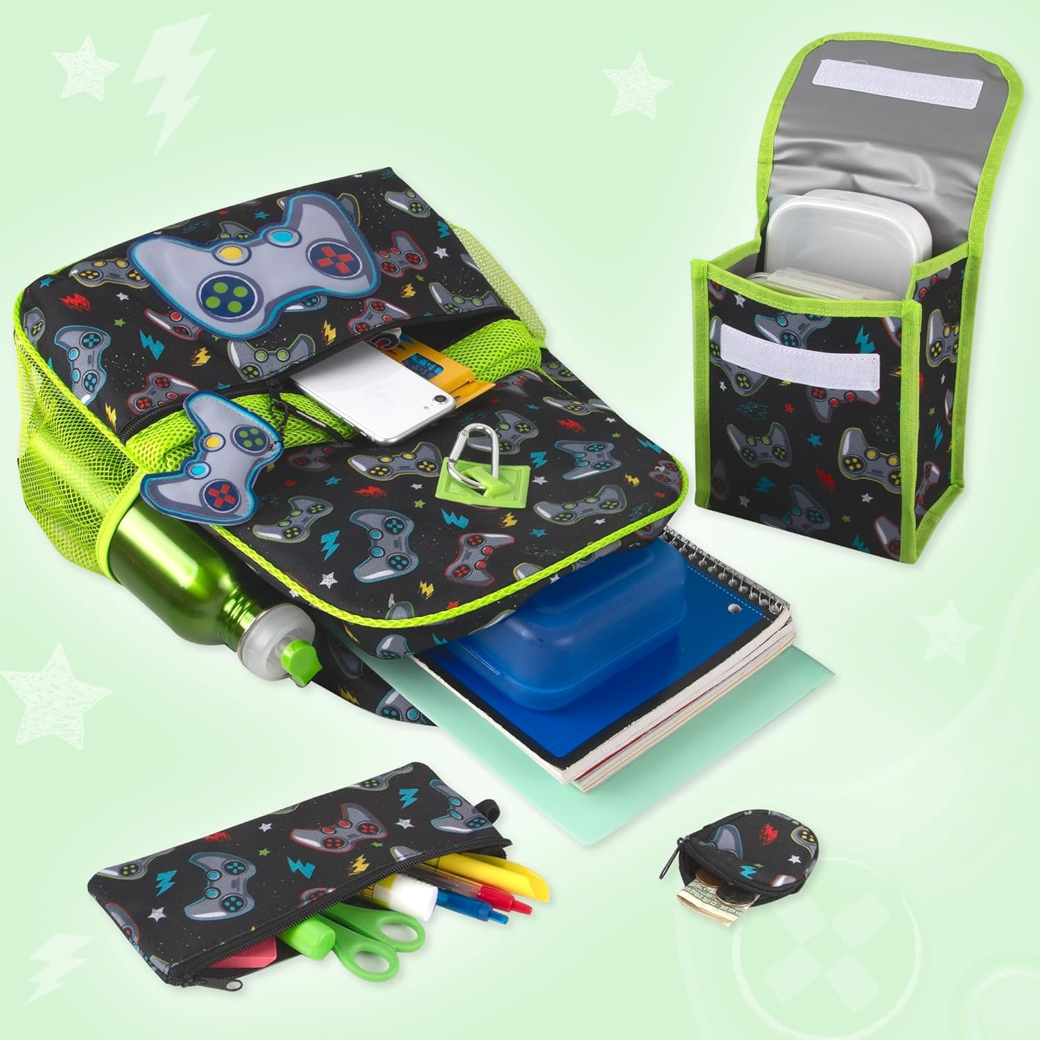 Trail maker 16.5 Inch Boys School Backpack 6 in 1 Set with Lunch Bag, Pencil Case, Tech Pouch, Keychain, Carabiner Clip Attached (Ready Player) for Travel, Commute(Ready Player)