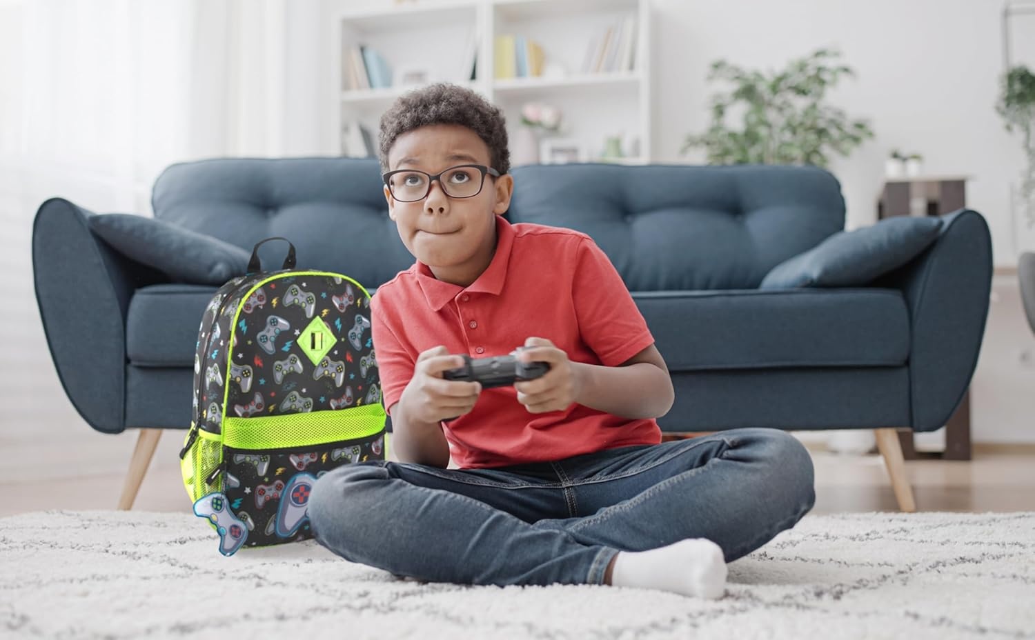 Trail maker 16.5 Inch Boys School Backpack 6 in 1 Set with Lunch Bag, Pencil Case, Tech Pouch, Keychain, Carabiner Clip Attached (Ready Player) for Travel, Commute(Ready Player)