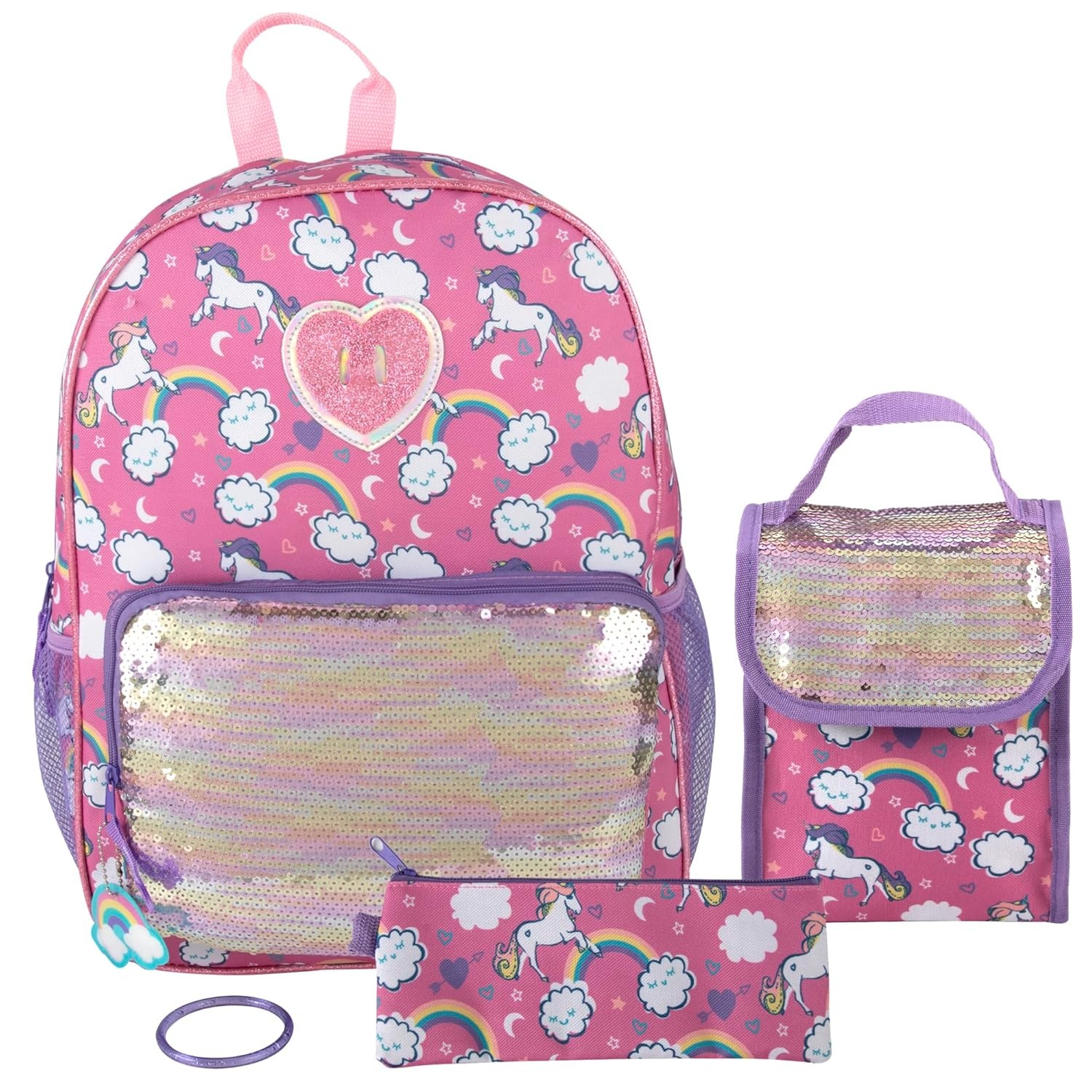 Trail maker 16.5 Inch Boys School Backpack 6 in 1 Set with Lunch Bag, Pencil Case, Tech Pouch, Keychain, Carabiner Clip Attached (Ready Player) for Travel, Commute(Sparkle Unicorns)