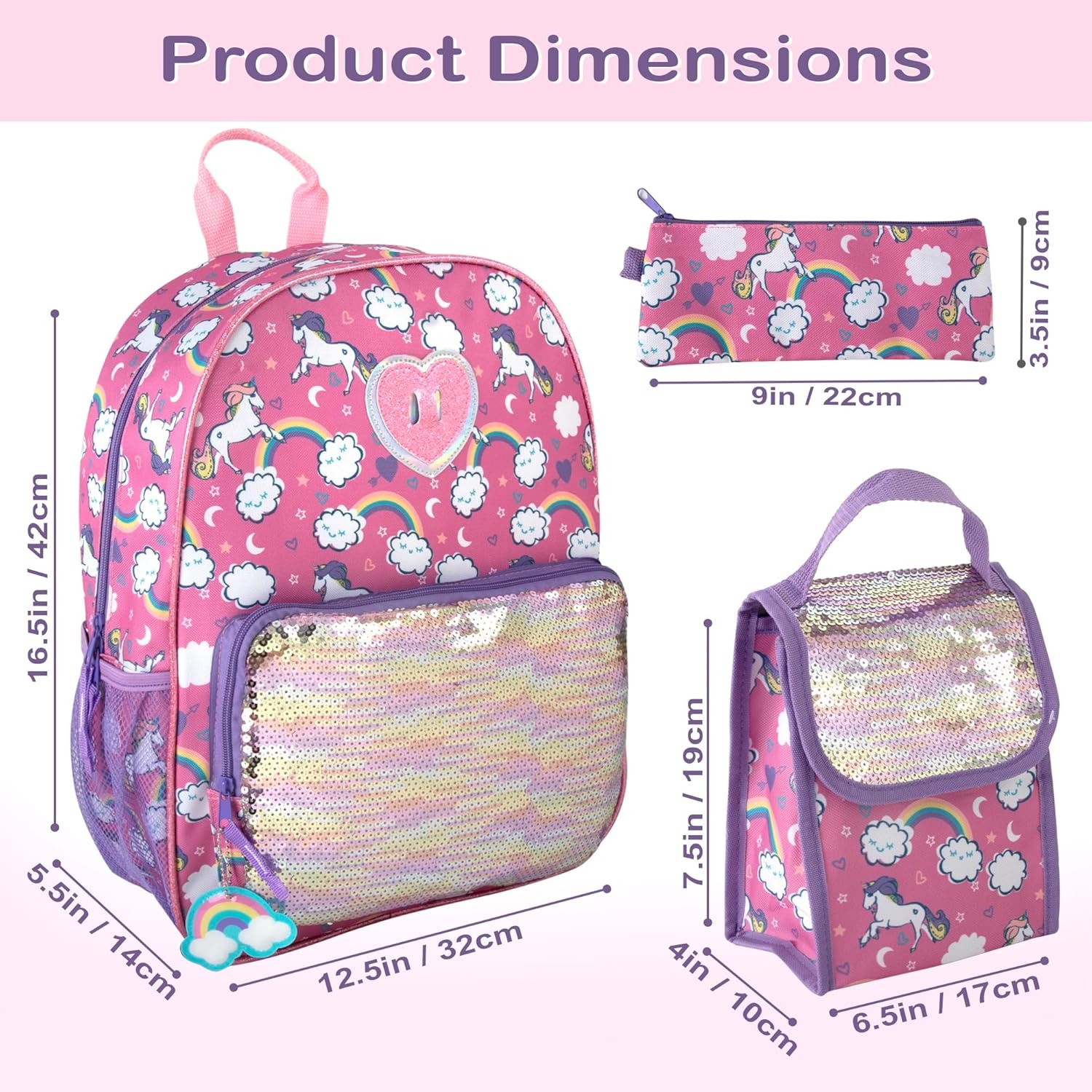 Trail maker 16.5 Inch Boys School Backpack 6 in 1 Set with Lunch Bag, Pencil Case, Tech Pouch, Keychain, Carabiner Clip Attached (Ready Player) for Travel, Commute(Sparkle Unicorns)