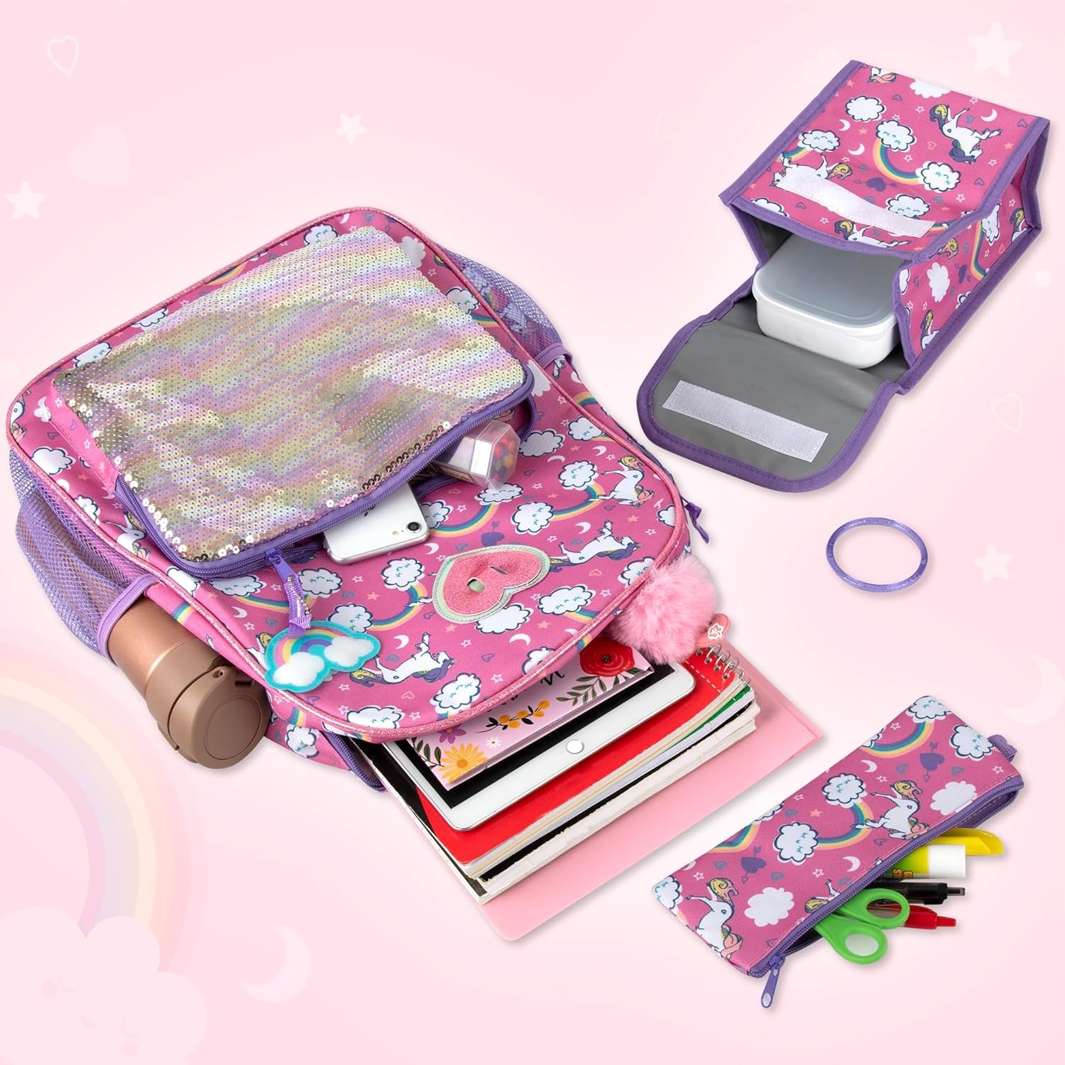 Trail maker 16.5 Inch Boys School Backpack 6 in 1 Set with Lunch Bag, Pencil Case, Tech Pouch, Keychain, Carabiner Clip Attached (Ready Player) for Travel, Commute(Sparkle Unicorns)
