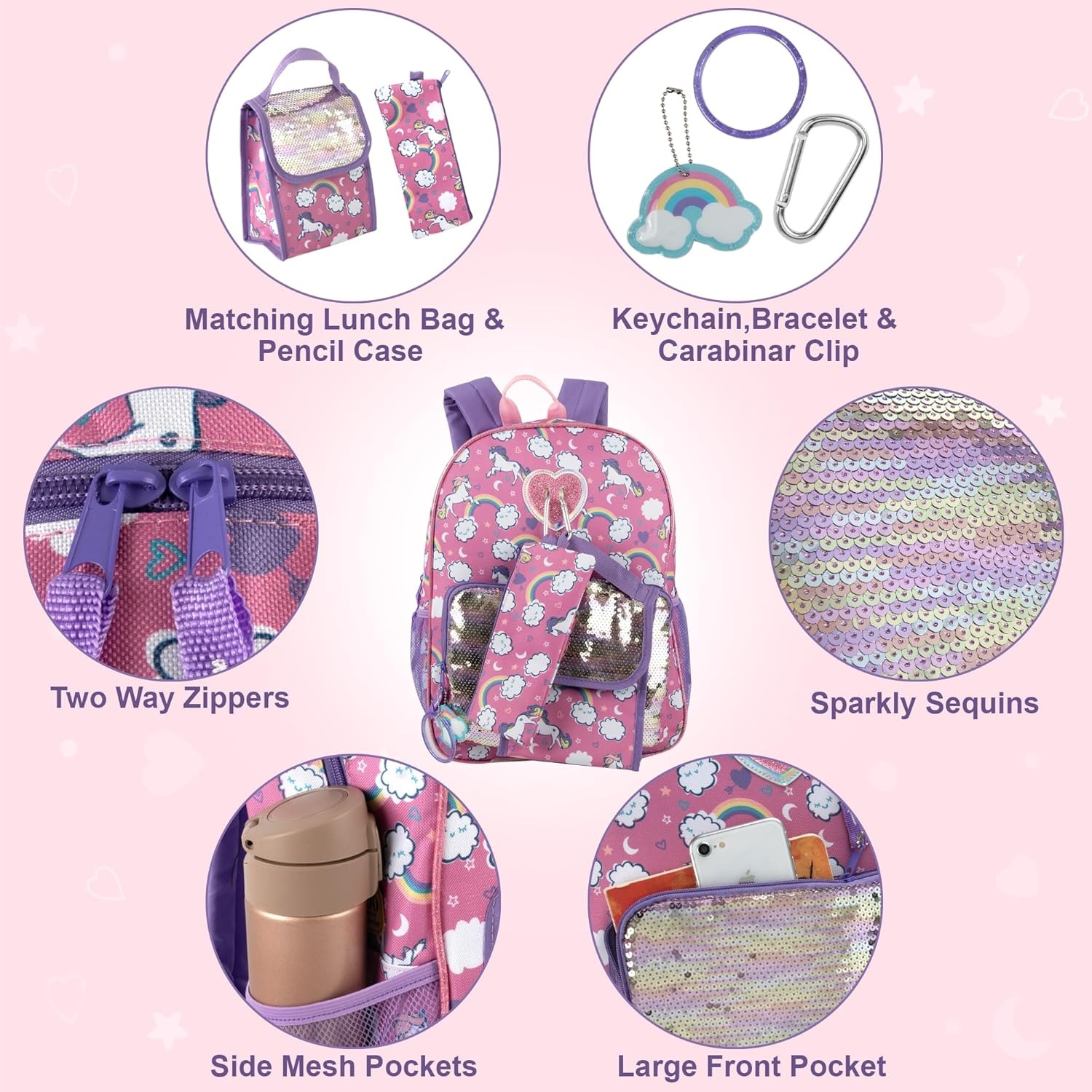 Trail maker 16.5 Inch Boys School Backpack 6 in 1 Set with Lunch Bag, Pencil Case, Tech Pouch, Keychain, Carabiner Clip Attached (Ready Player) for Travel, Commute(Sparkle Unicorns)