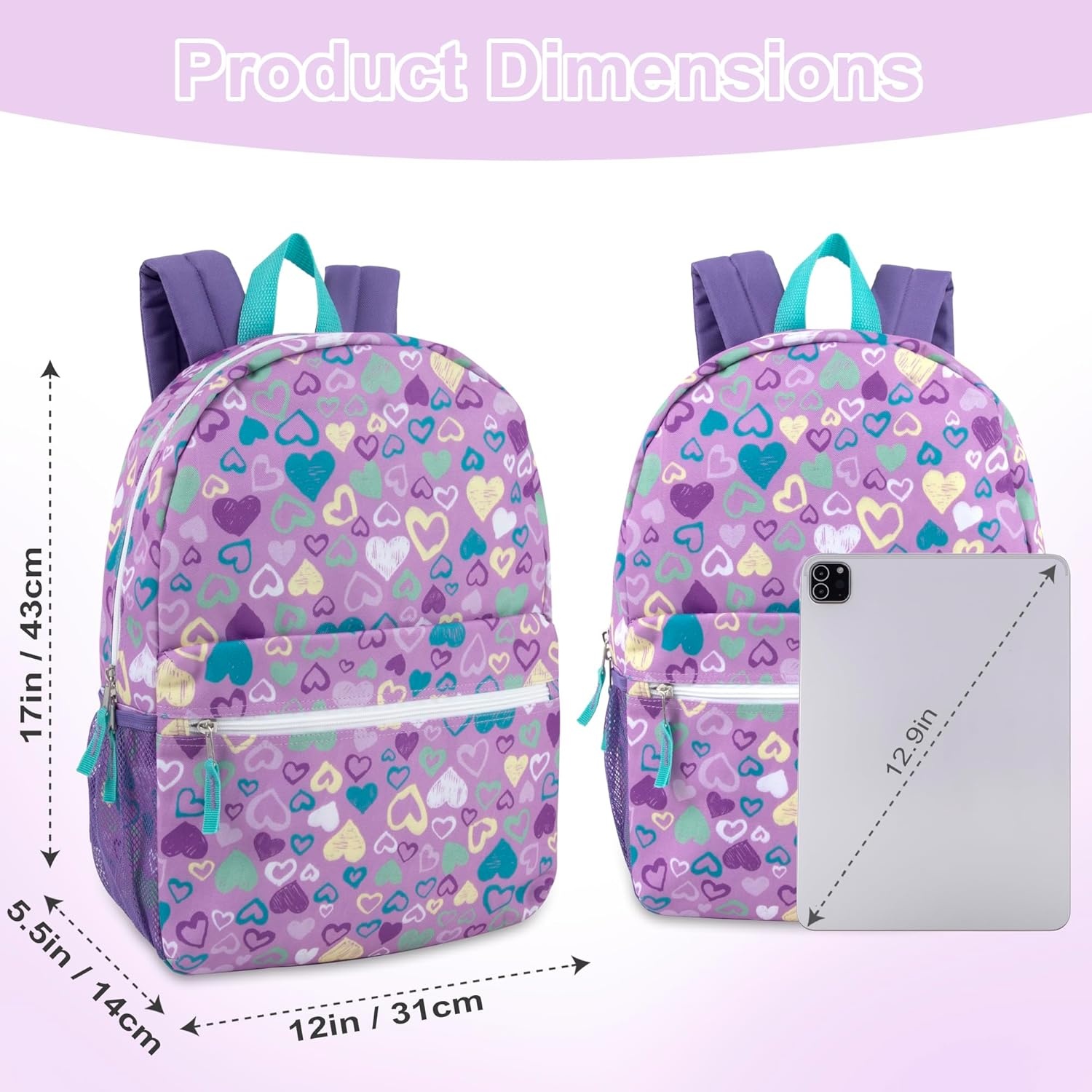 Trail maker 17 inch Backpack for Travel & Commute, Zippered Front & Mesh Side Pockets, Padded Straps(Heart Fiesta)