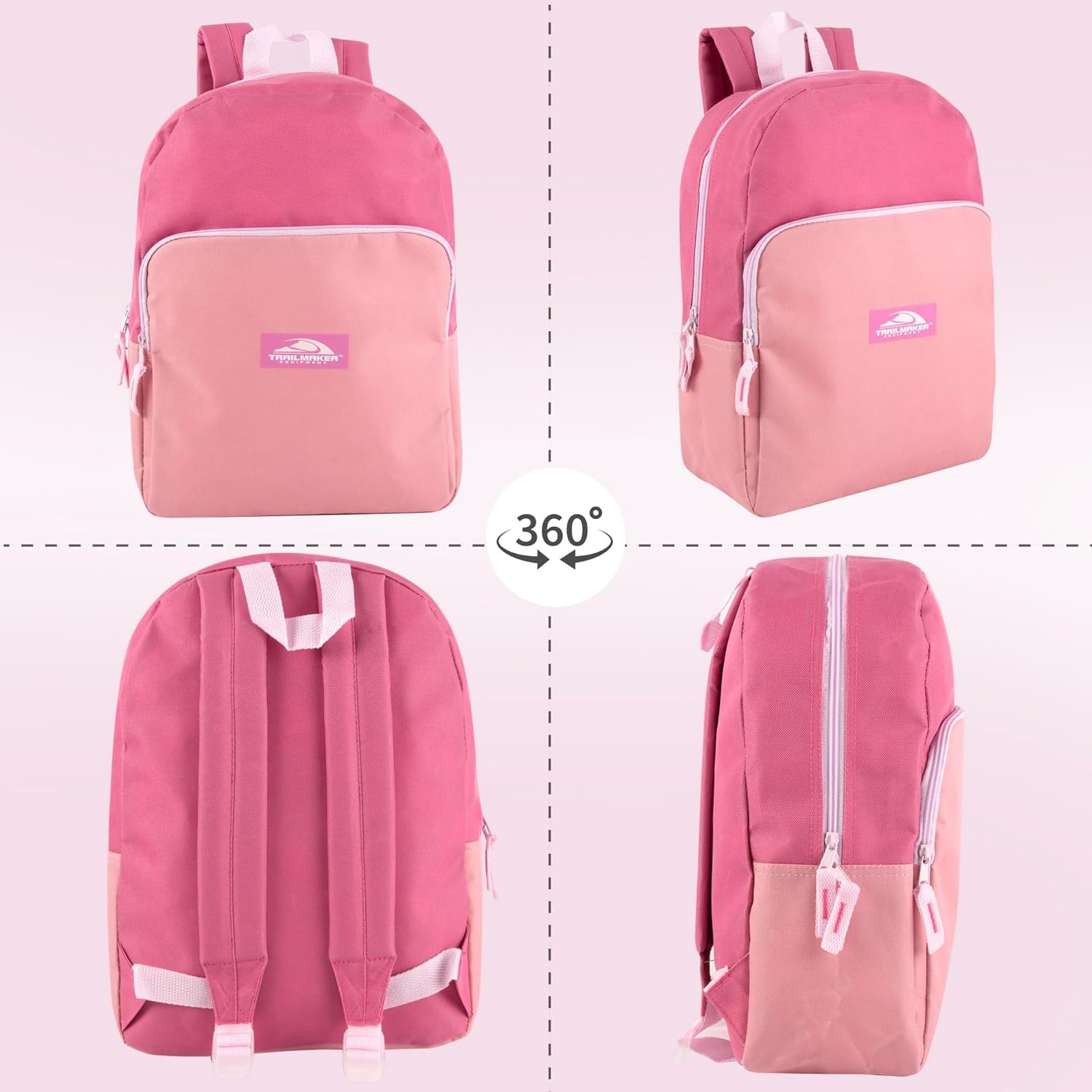 Trail maker 15 Inch Backpack for Girls, Preschool, Elementary & Middle School Students – Spacious Bookbag with Large Front Pocket, Adjustable Straps, Fits up to 13 Inch Laptop (Pink)(Pink)