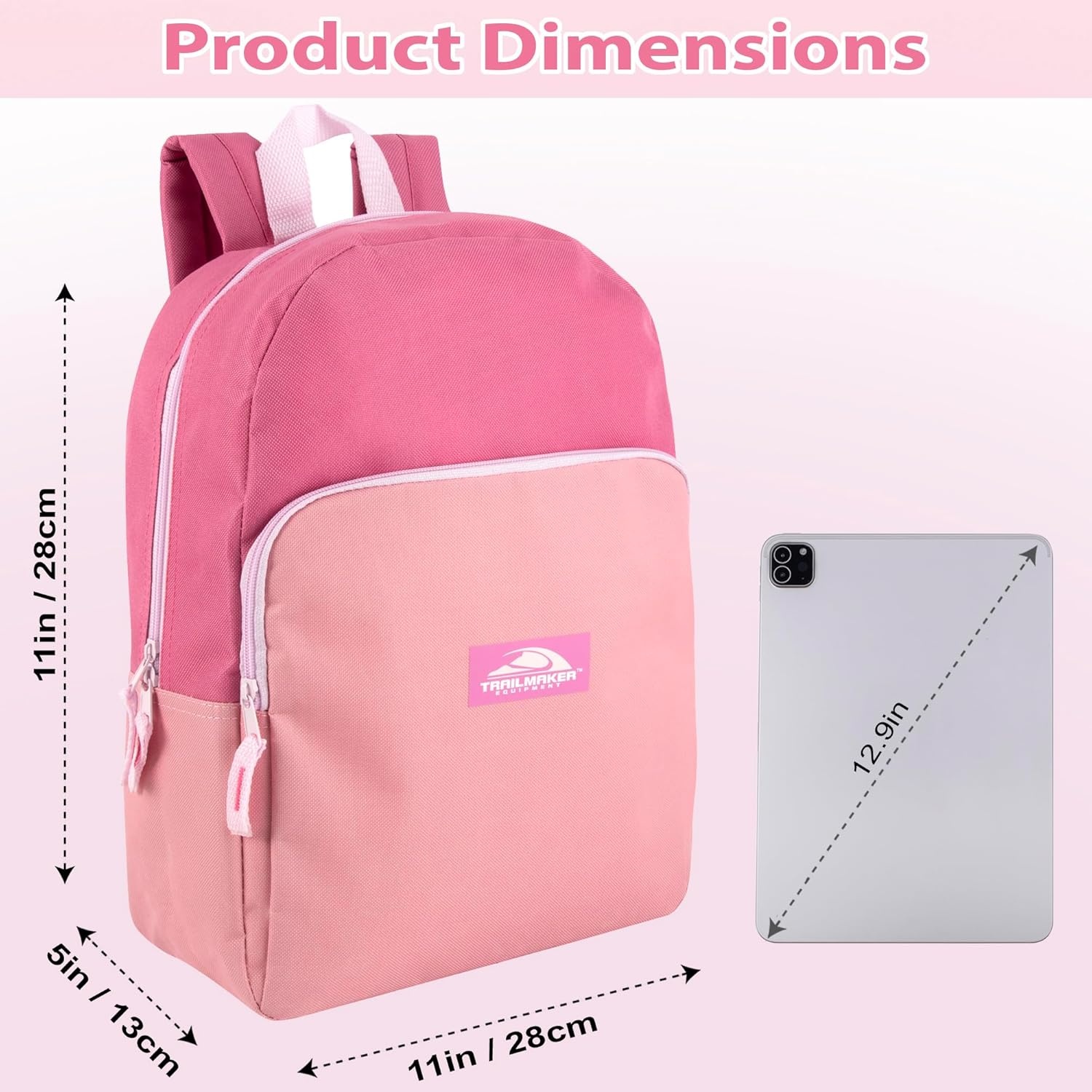 Trail maker 15 Inch Backpack for Girls, Preschool, Elementary & Middle School Students – Spacious Bookbag with Large Front Pocket, Adjustable Straps, Fits up to 13 Inch Laptop (Pink)(Pink)