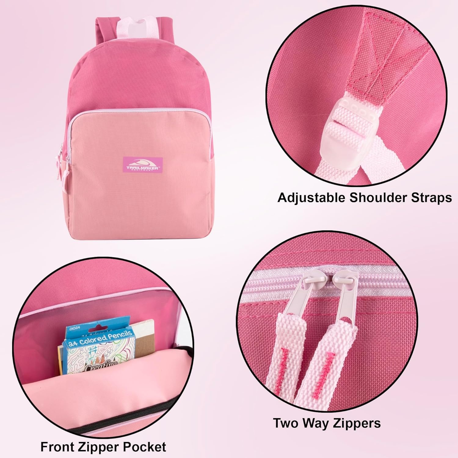 Trail maker 15 Inch Backpack for Girls, Preschool, Elementary & Middle School Students – Spacious Bookbag with Large Front Pocket, Adjustable Straps, Fits up to 13 Inch Laptop (Pink)(Pink)