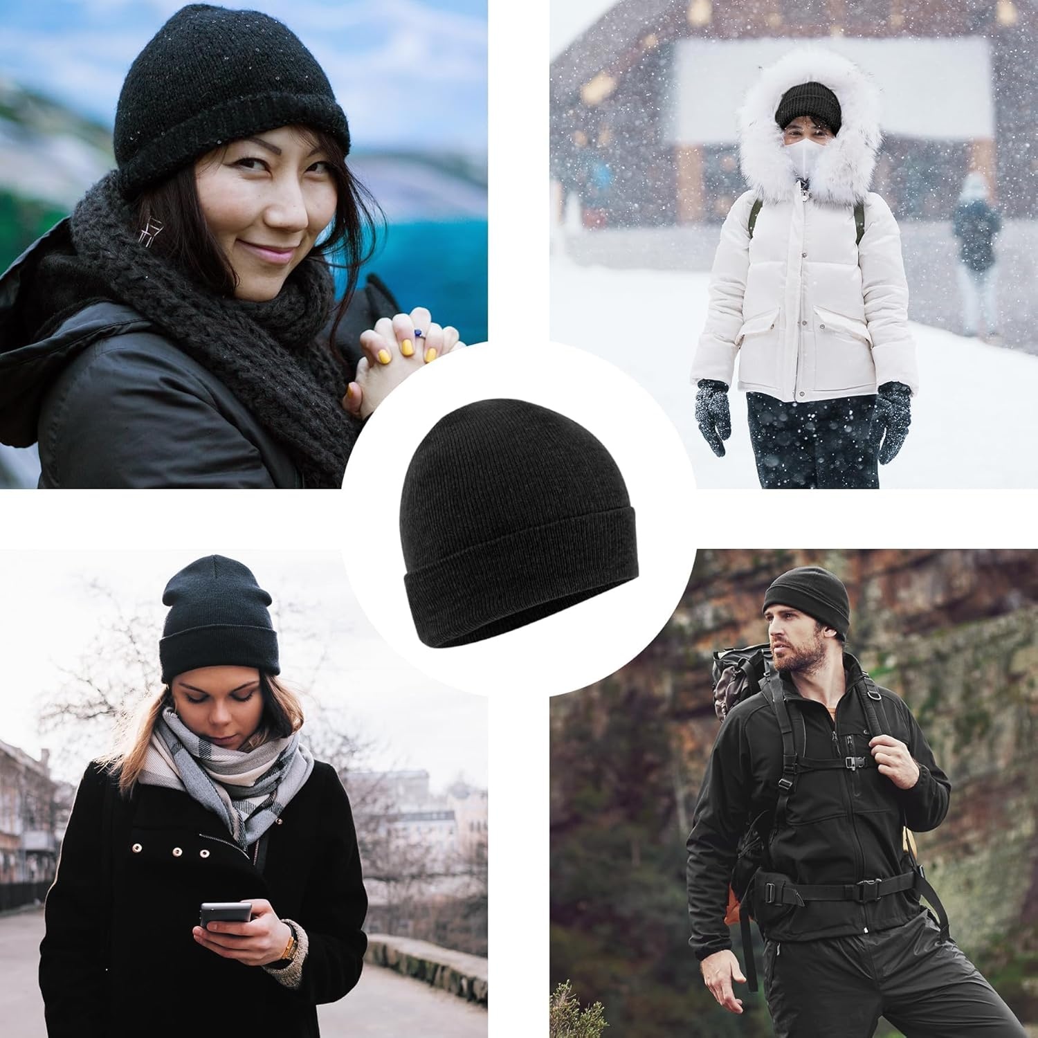 50 Pack of Bulk Wholesale Adult One Size Men and Womens Stretch Knit Beanie Skull Hats for Fall, Winter, Snow, Wind & Rain(All Black Pack)