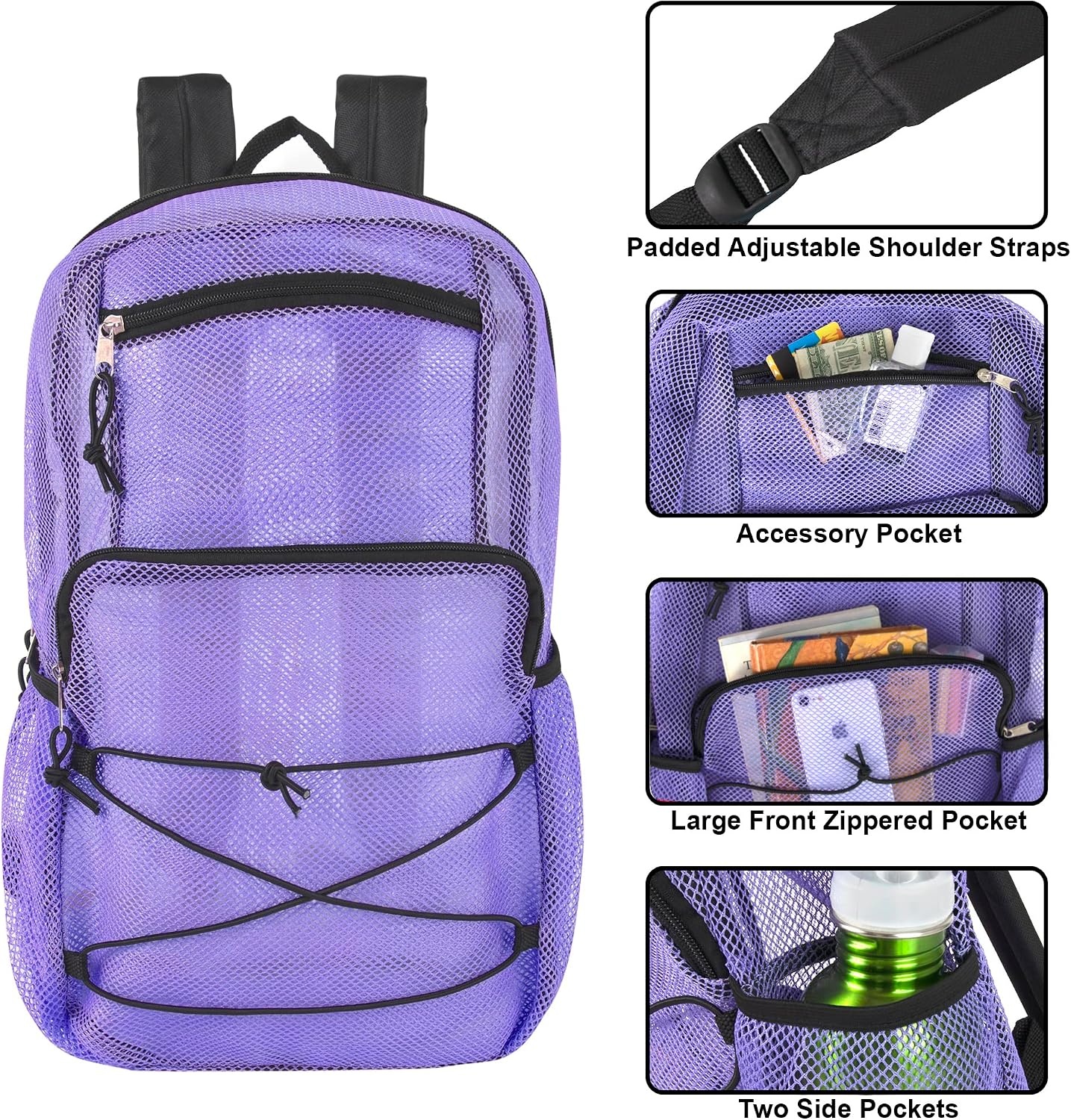 Trail maker Deluxe See Through Mesh Backpack with Bungee Cord & Adjustable Padded Straps for Swimming, Travel (Aqua)(Lavender)