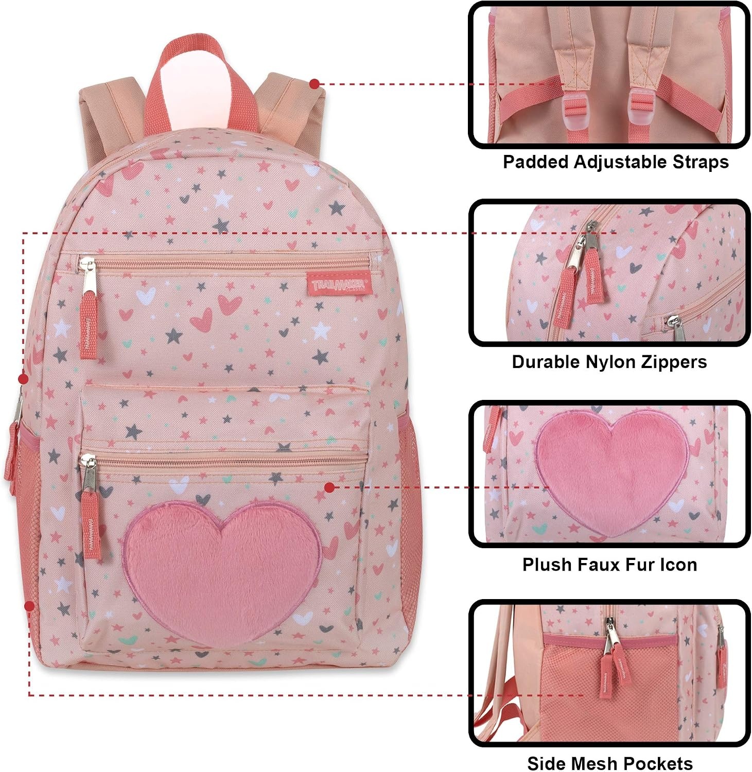 Trail maker 17 Kids Character School Backpacks Plush for Girls with Side Pockets, Padded Straps(Plush Starry Hearts)