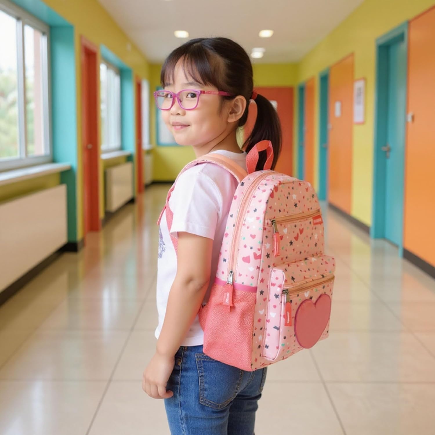 Trail maker 17 Kids Character School Backpacks Plush for Girls with Side Pockets, Padded Straps(Plush Starry Hearts)