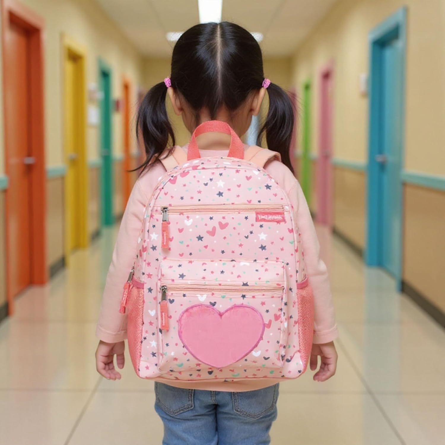 Trail maker 17 Kids Character School Backpacks Plush for Girls with Side Pockets, Padded Straps(Plush Starry Hearts)
