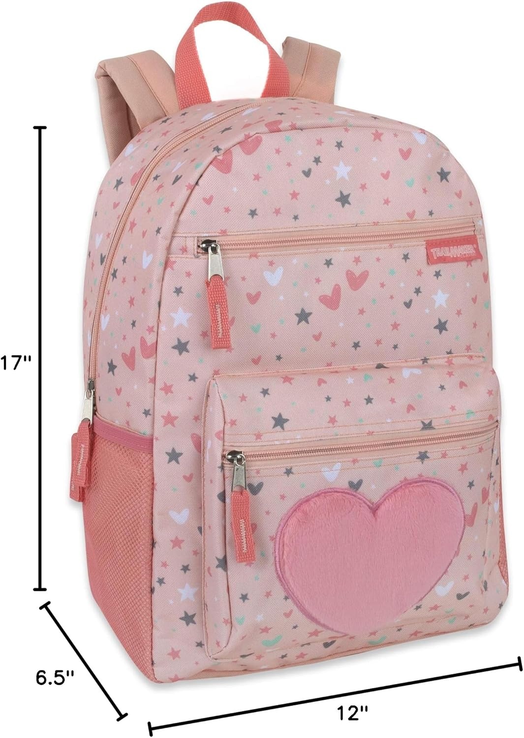 Trail maker 17 Kids Character School Backpacks Plush for Girls with Side Pockets, Padded Straps(Plush Starry Hearts)
