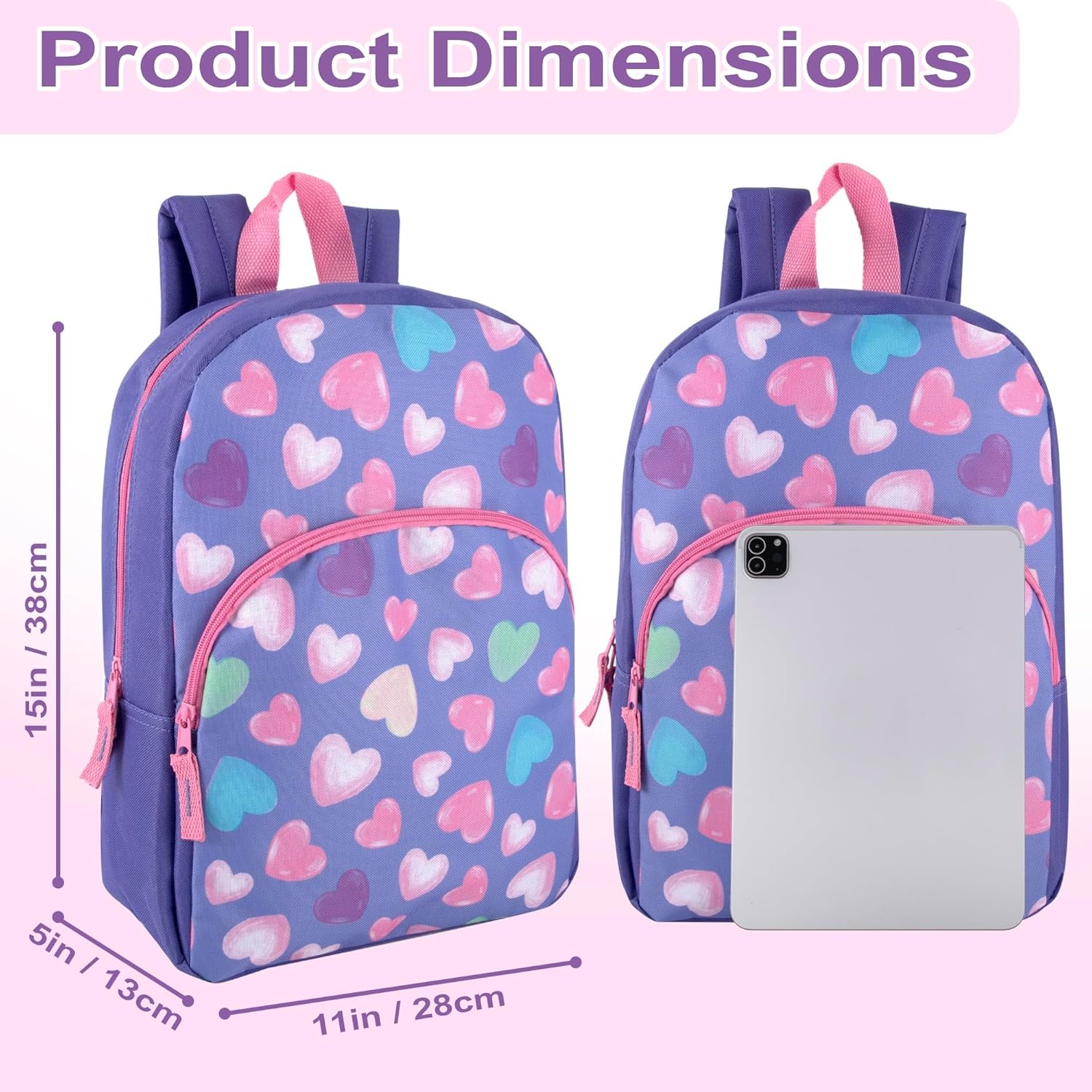 Trail maker 15 Inch Kids Backpacks for Boys & Girls | Preschool, Kindergarten, Elementary School Backpacks with Adjustable, Padded Straps (Prehistoric Pals)(Happy Hearts)