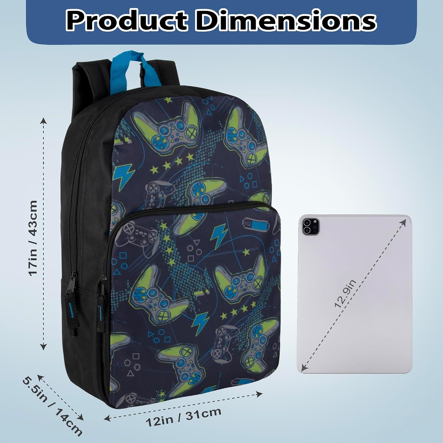 Trail maker Fun School Backpack for Elementary Middle School Girls and Boys | 17 Inch Printed Backpacks for School Kids, Travel (Sweet Strawberries)(You’ve Got Game)