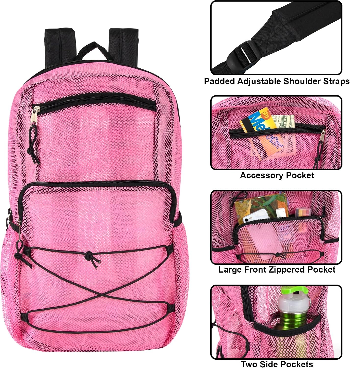 Trail maker Deluxe See Through Mesh Backpack with Bungee Cord & Adjustable Padded Straps for Swimming, Travel (Aqua)(Pink)