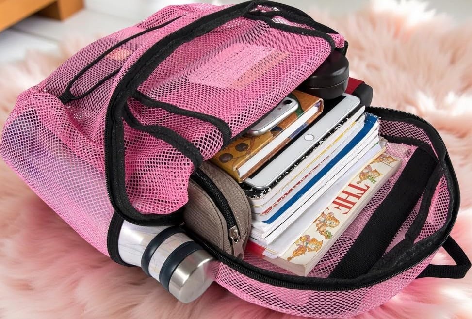 Trail maker Deluxe See Through Mesh Backpack with Bungee Cord & Adjustable Padded Straps for Swimming, Travel (Aqua)(Pink)