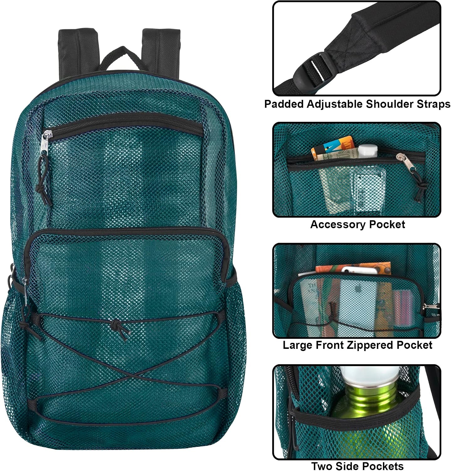 Trail maker Deluxe See Through Mesh Backpack with Bungee Cord & Adjustable Padded Straps for Swimming, Travel (Aqua)(Green)