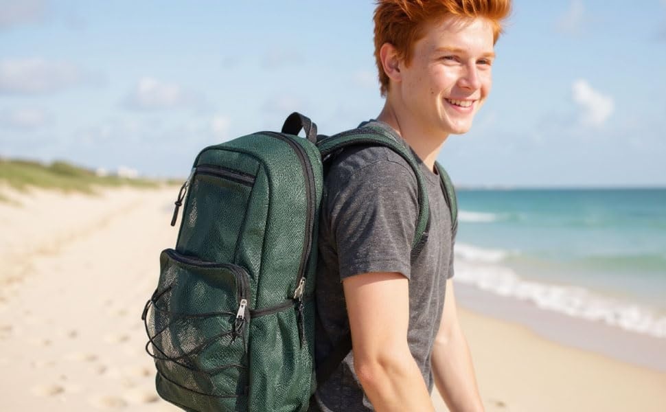 Trail maker Deluxe See Through Mesh Backpack with Bungee Cord & Adjustable Padded Straps for Swimming, Travel (Aqua)(Green)