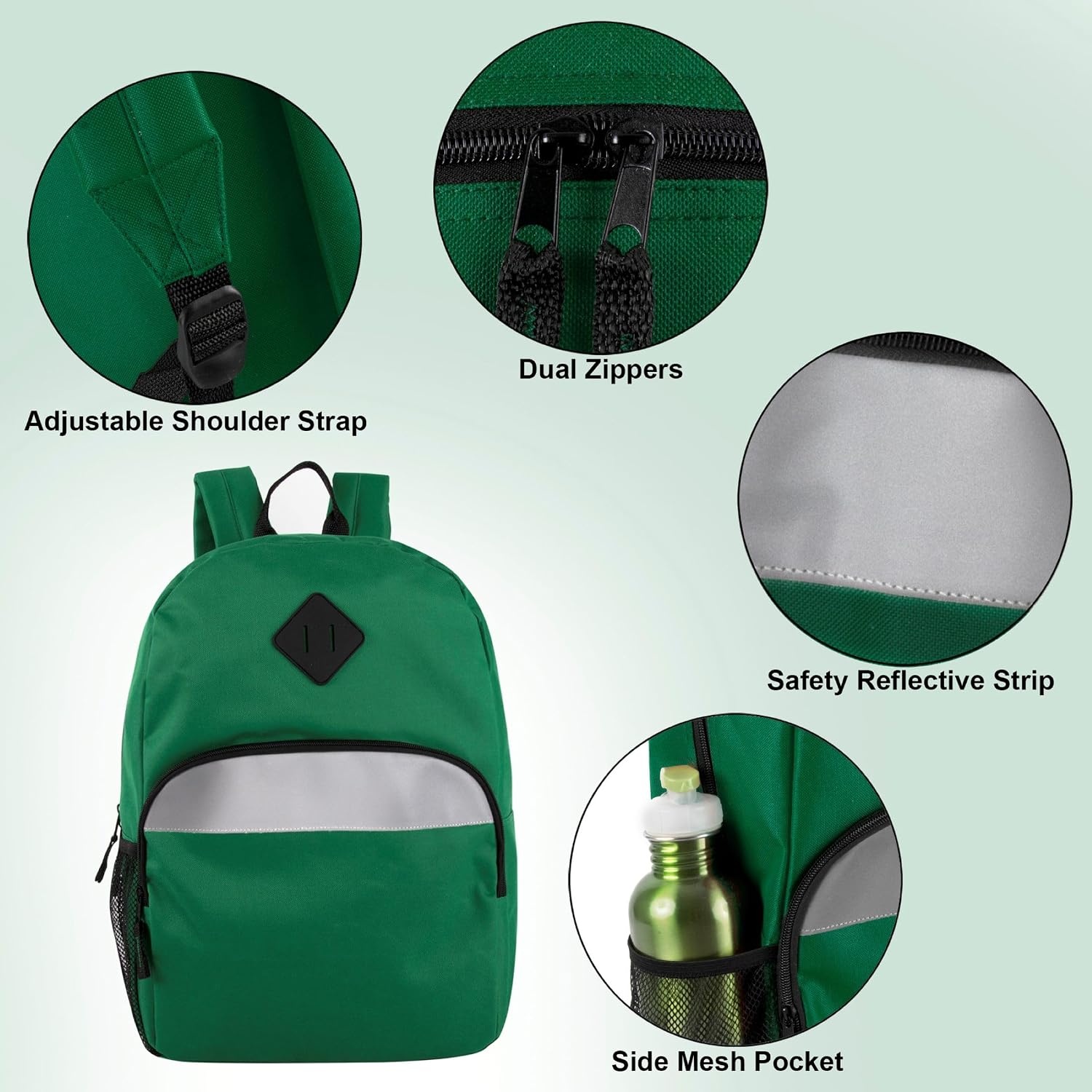Trail maker 17″ Backpack – Reflective School Backpack with Padded Straps, Water Bottle Pockets for Kids & Adults, School Travel Camp (Green)(Green)