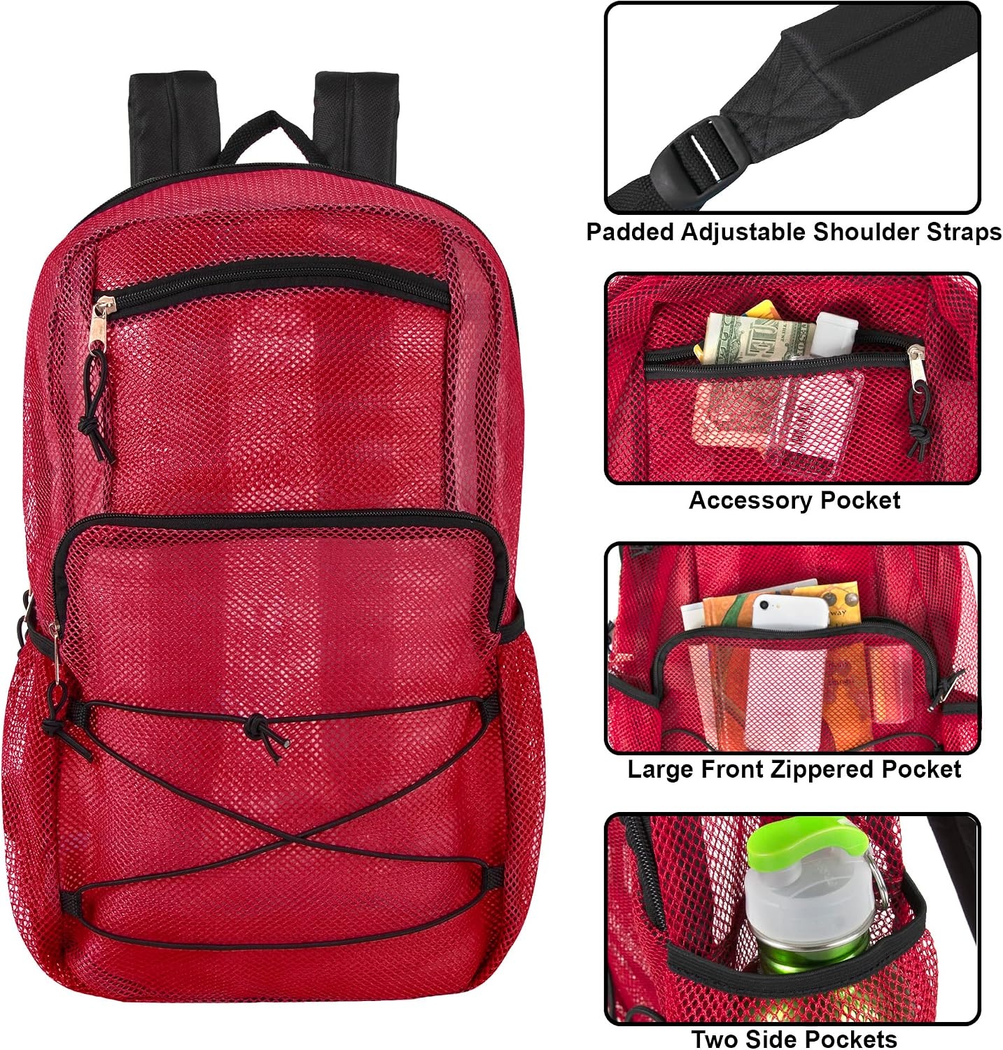 Trail maker Deluxe See Through Mesh Backpack with Bungee Cord & Adjustable Padded Straps for Swimming, Travel (Aqua)(Red)