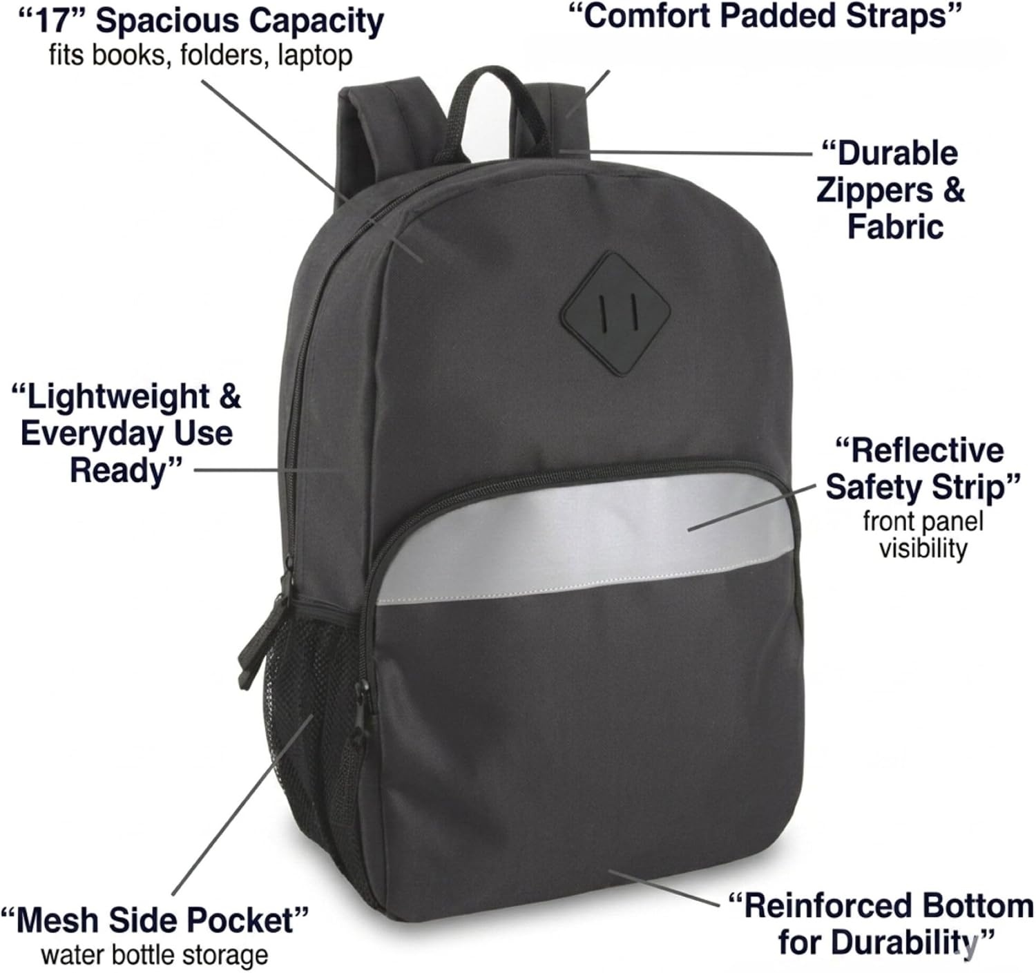 Trail maker 17″ Backpack – Reflective School Backpack with Padded Straps, Water Bottle Pockets for Kids & Adults, School Travel Camp (Green)(Black)
