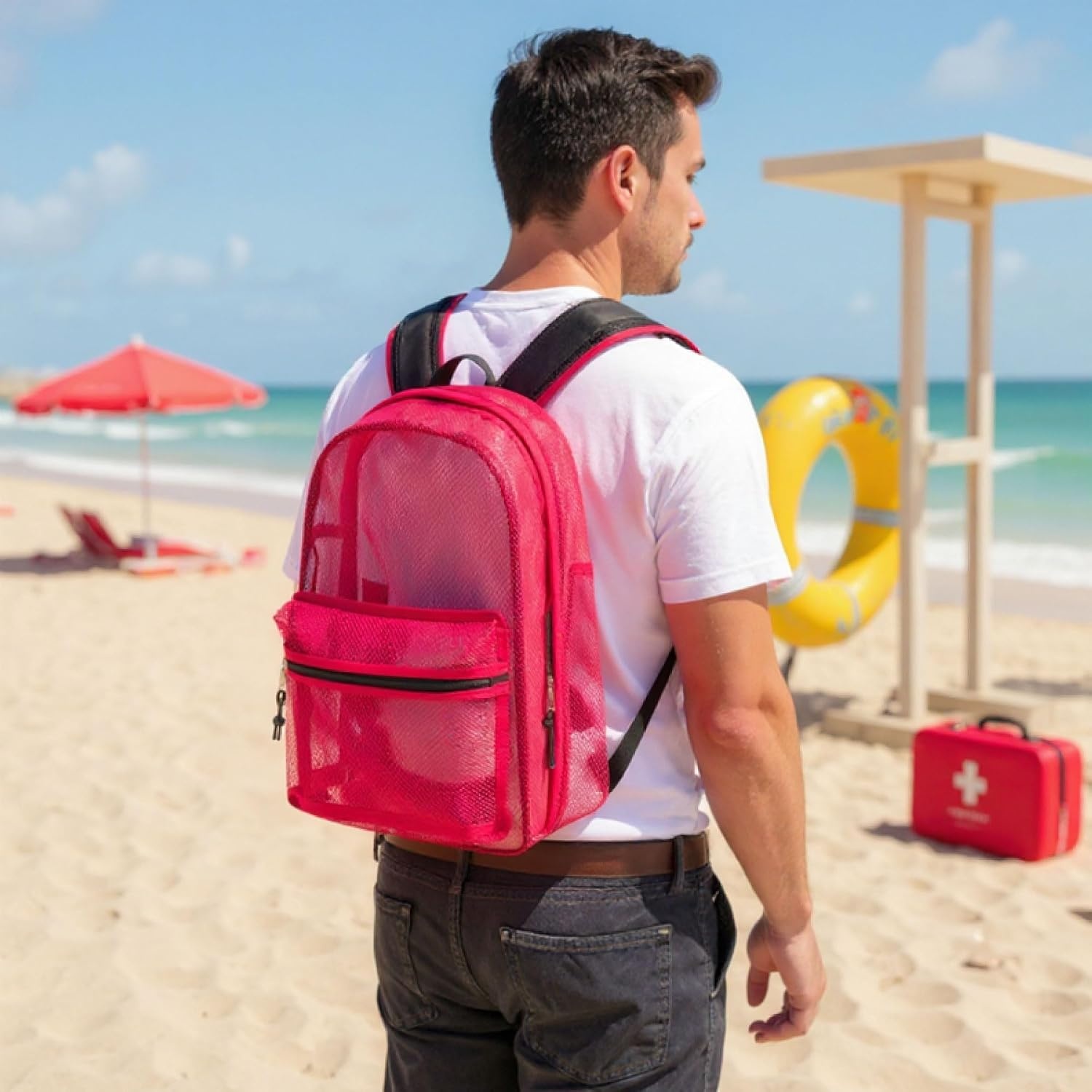 Transparent Mesh Backpacks for School Kids, Beach, Travel – Mesh See Through Backpack with Padded Straps Large(Red)
