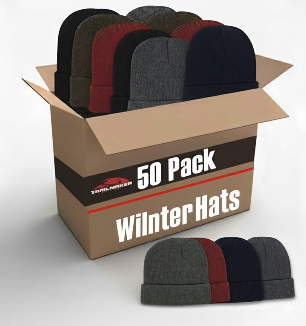 50 Pack of Bulk Wholesale Adult One Size Men and Womens Stretch Knit Beanie Skull Hats for Fall, Winter, Snow, Wind & Rain(Assorted Colors Pack)