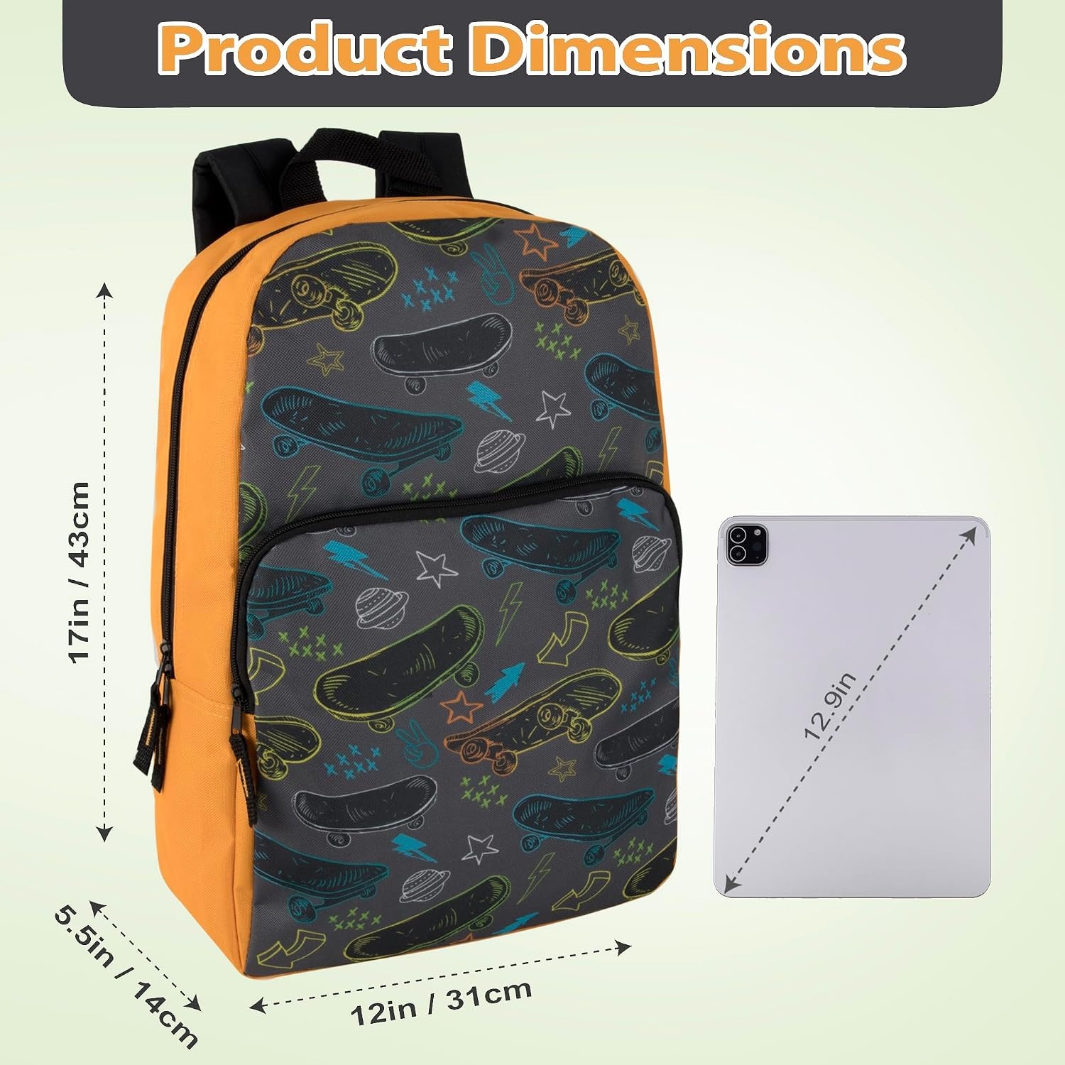 Trail maker Fun School Backpack for Elementary Middle School Girls and Boys | 17 Inch Printed Backpacks for School Kids, Travel (Pretty Pink Flowers)(Fun at the Skatepark)