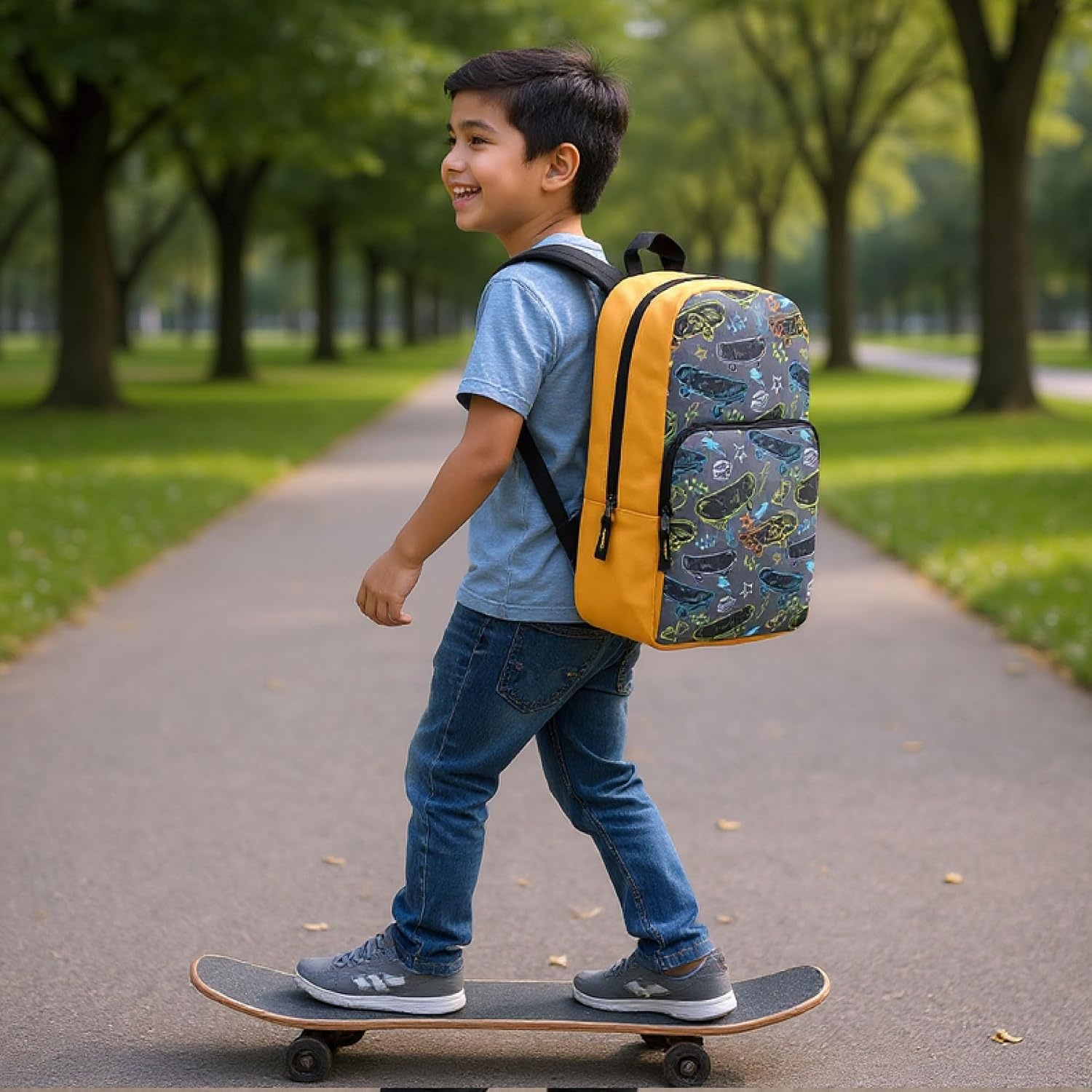 Trail maker Fun School Backpack for Elementary Middle School Girls and Boys | 17 Inch Printed Backpacks for School Kids, Travel (Pretty Pink Flowers)(Fun at the Skatepark)