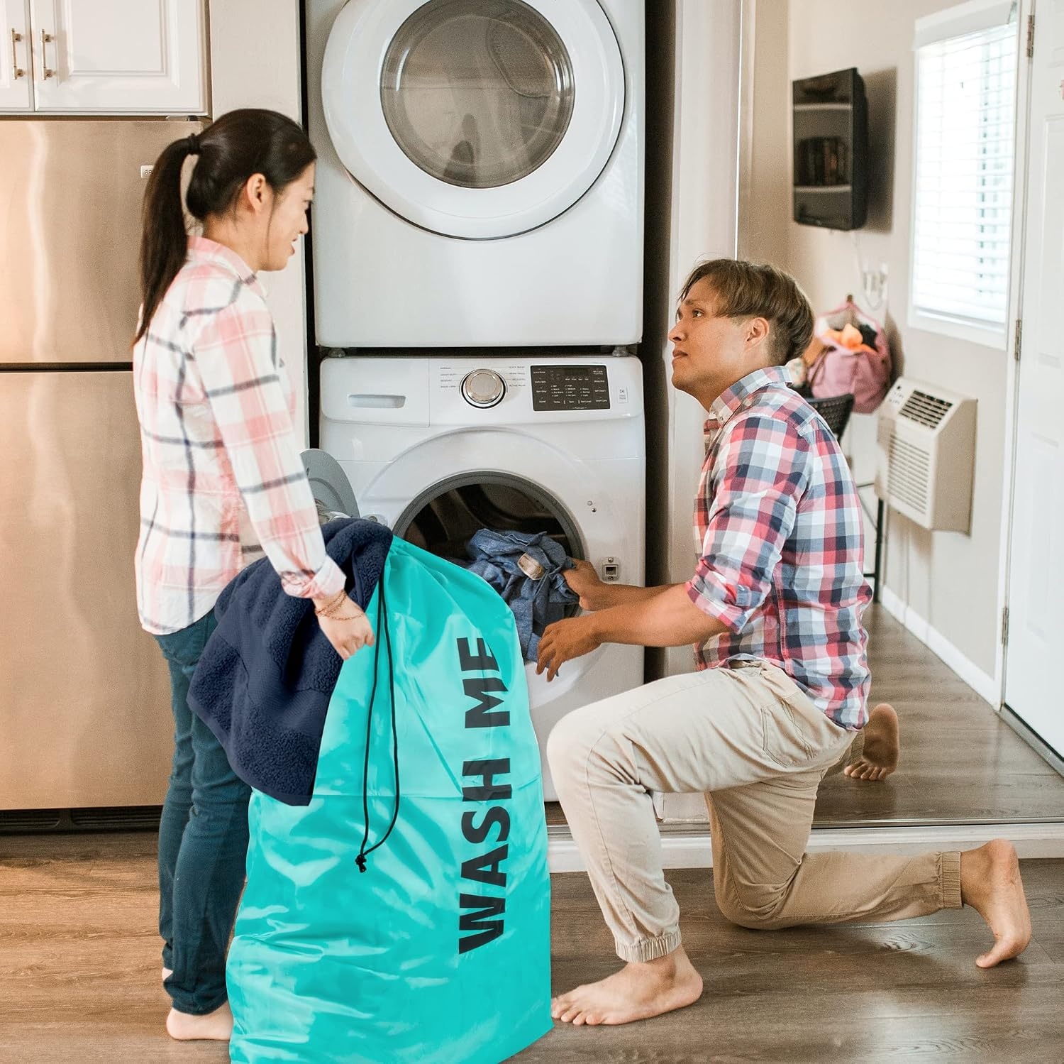 Washable Drawstring Laundry Bags 2 Pack Extra Large Heavy Duty College Dorm Dirty Laundry Clothes Travel Bag and Gym Clothes Bag for Guys and Girls (Turquoise Wash Me)(Turquoise Wash Me)
