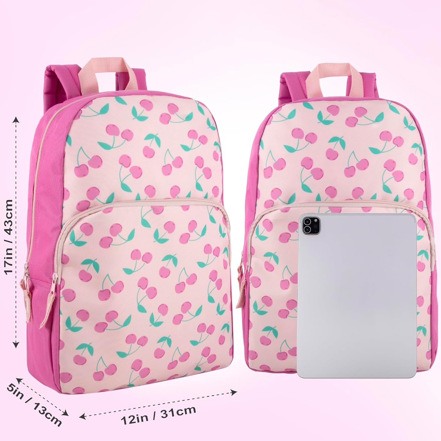 Trail maker Fun School Backpack for Elementary Middle School Girls and Boys | 17 Inch Printed Backpacks for School Kids, Travel (Pretty Pink Flowers)(Cheerful Cherries)