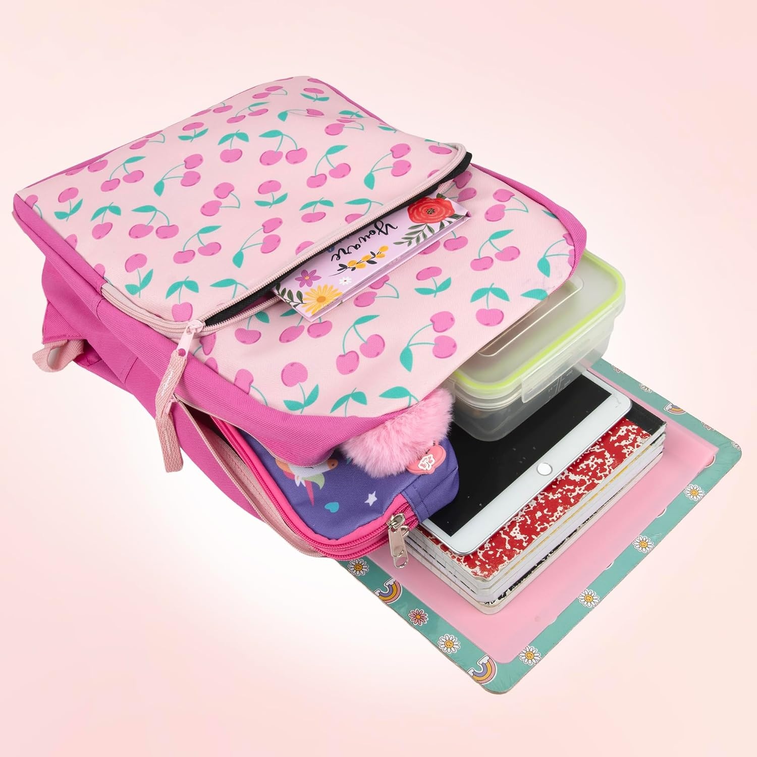Trail maker Fun School Backpack for Elementary Middle School Girls and Boys | 17 Inch Printed Backpacks for School Kids, Travel (Pretty Pink Flowers)(Cheerful Cherries)
