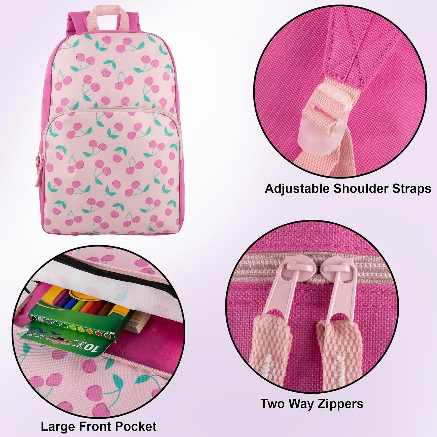 Trail maker Fun School Backpack for Elementary Middle School Girls and Boys | 17 Inch Printed Backpacks for School Kids, Travel (Pretty Pink Flowers)(Cheerful Cherries)