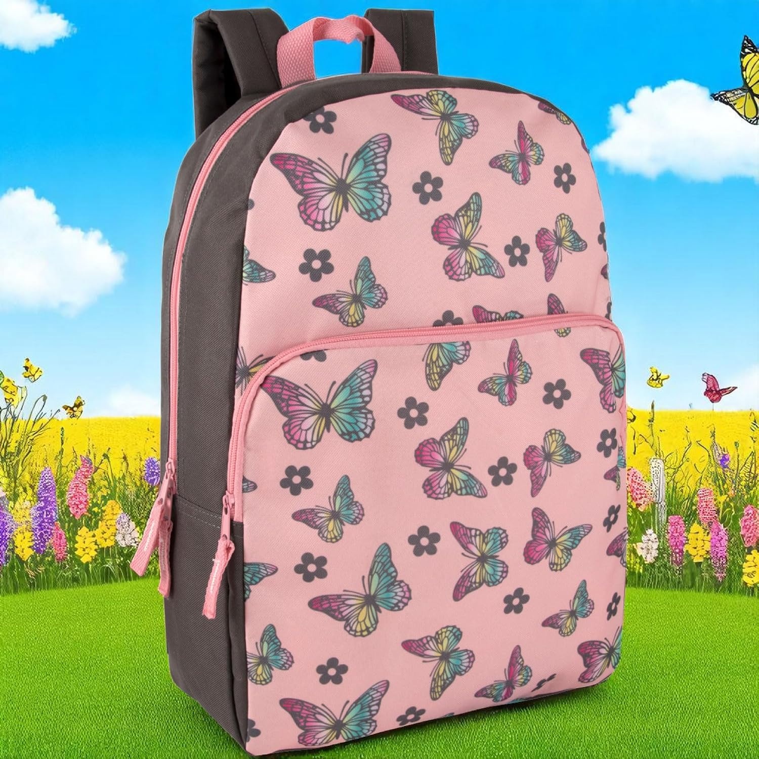 Trail maker Fun School Backpack for Elementary Middle School Girls and Boys | 17 Inch Printed Backpacks for School Kids, Travel (Sweet Strawberries)(Big Bold Butterflies)