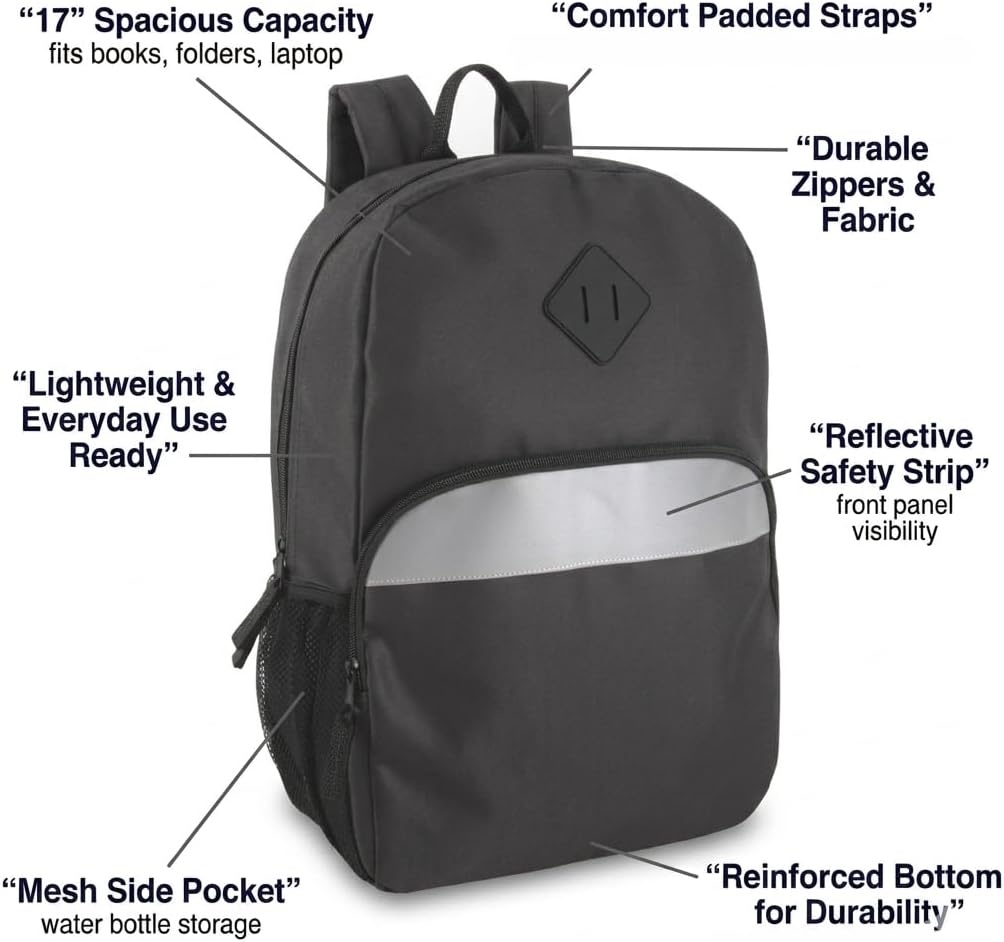 Trail maker (24 Pack) 17″ Backpack – Reflective School Backpack with Padded Straps, Water Bottle Pockets for Young Adults, Travel, Camp (Multi Color Pack)(Black)